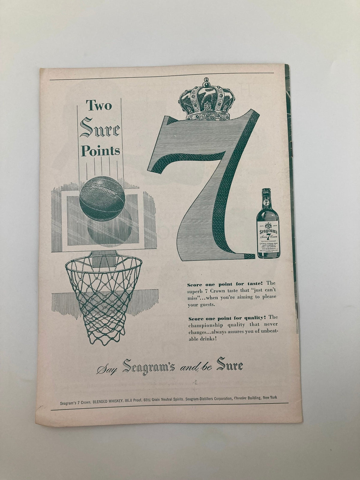 Promotional material for Seagram's whiskey with a basketball theme, included in the VTG December 13 1952 Temple vs Louisville College Basketball Review.