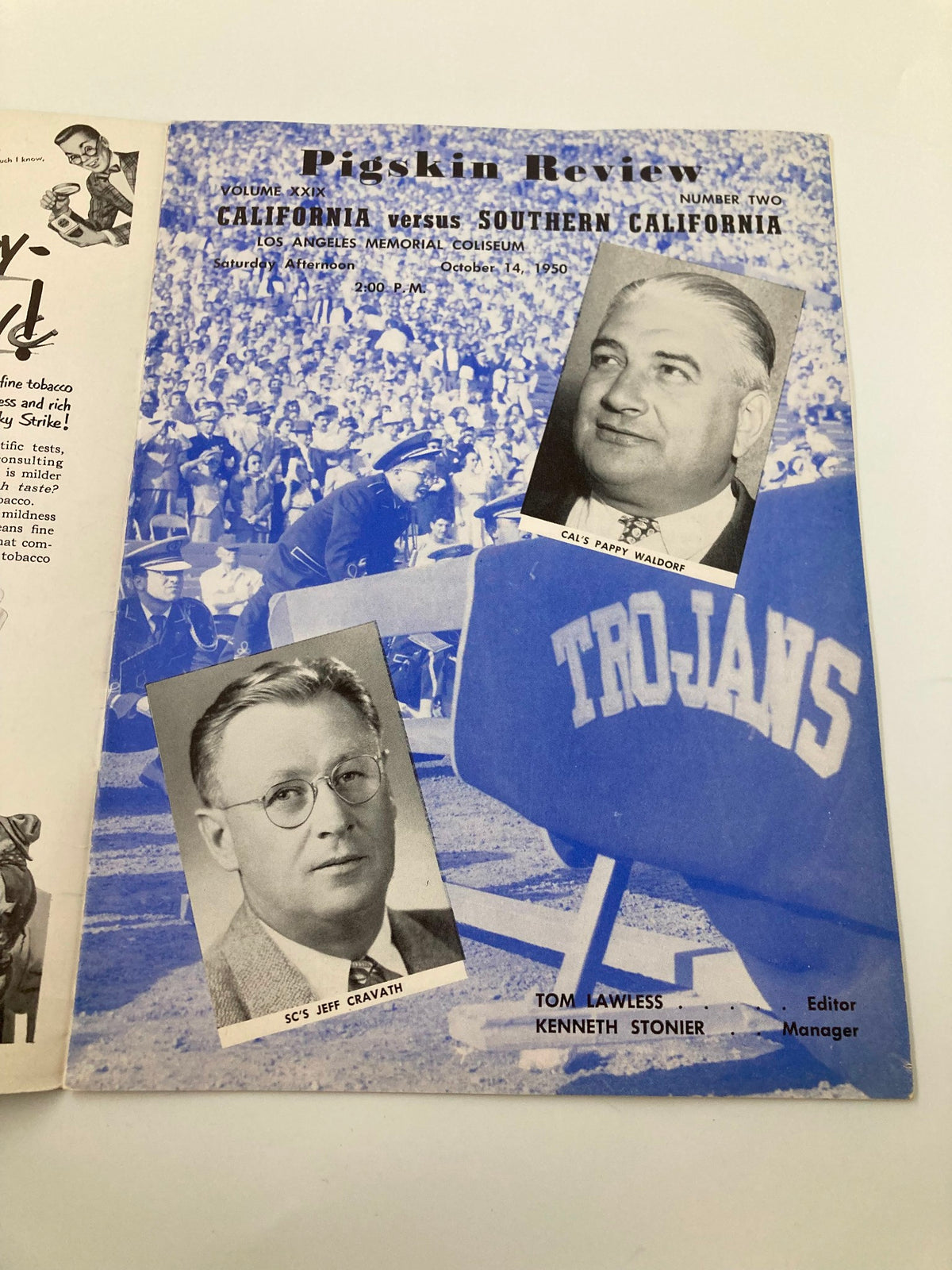 Cover of the October 14 1950 NCAA USC Trojans vs California Golden Bears Pigskin Review featuring images of players Jeff Cravath and Bert Waldorf.