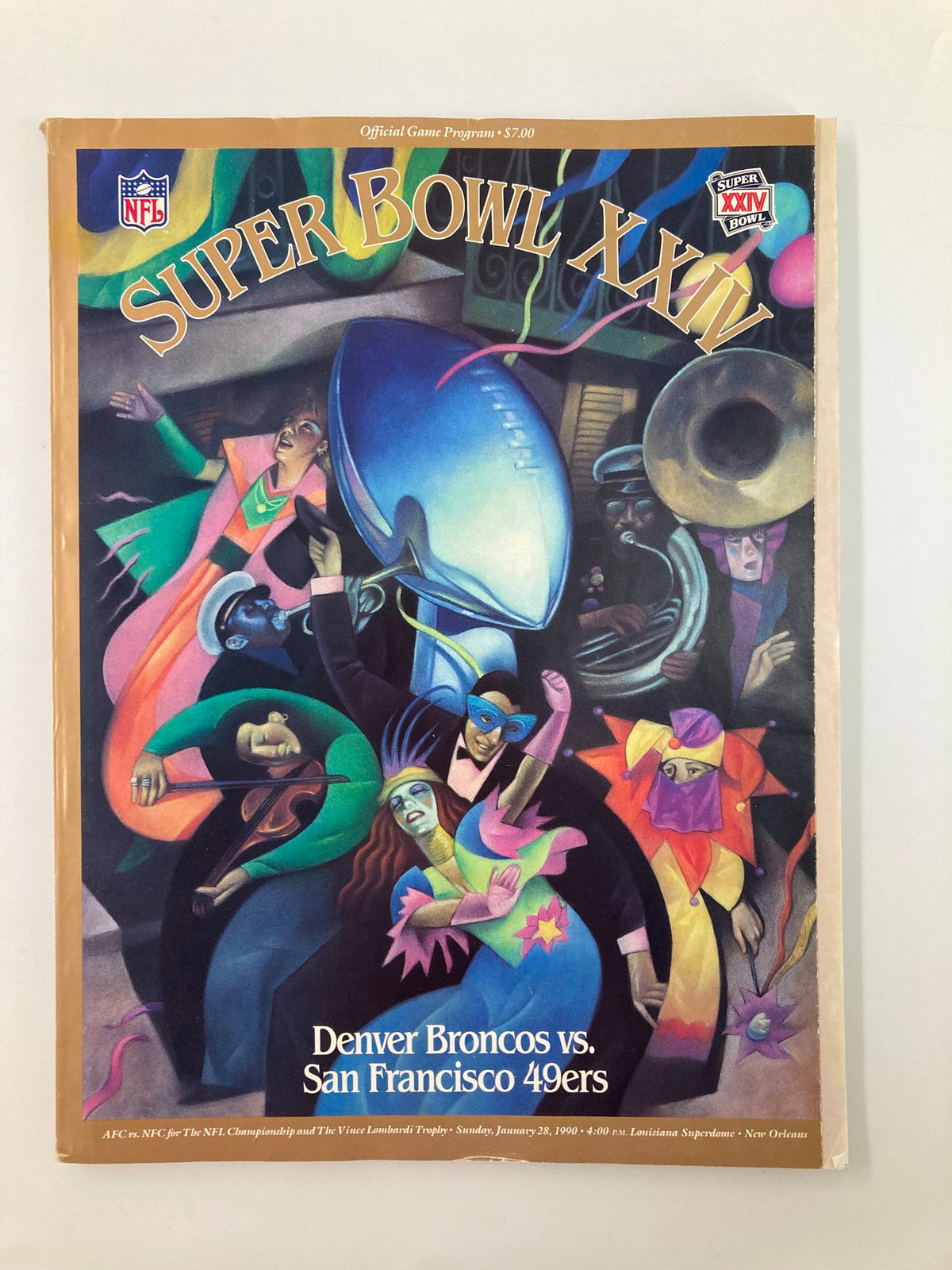 Official game program for the Super Bowl XXIV featuring Denver Broncos vs San Francisco 49ers, dated January 28, 1990, showcasing a vibrant cover design.