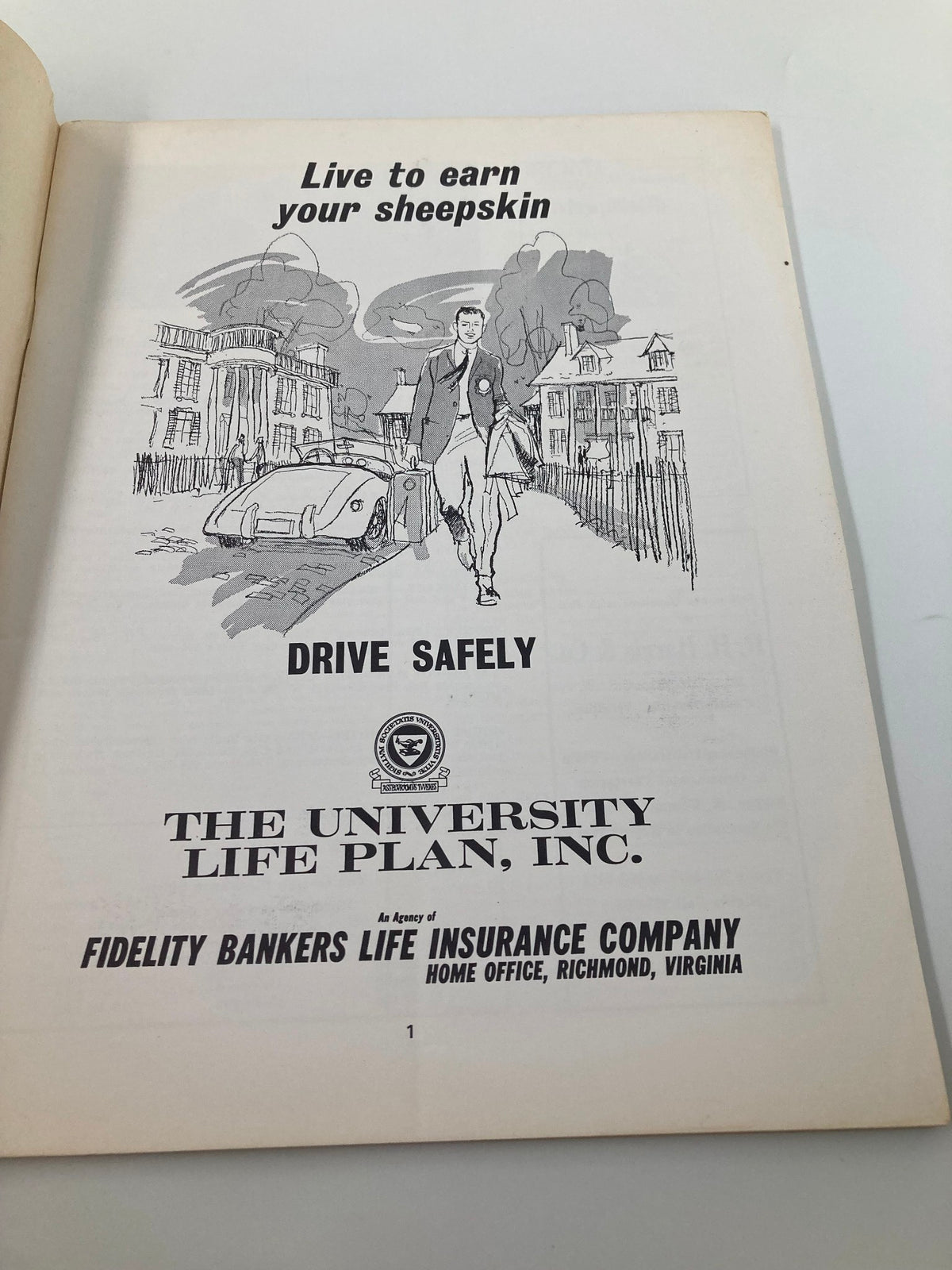 Inside advertisement from the October 24 1970 The College Football Game Virginia-William & Mary Program promoting safe driving by The University Life Plan, Inc.