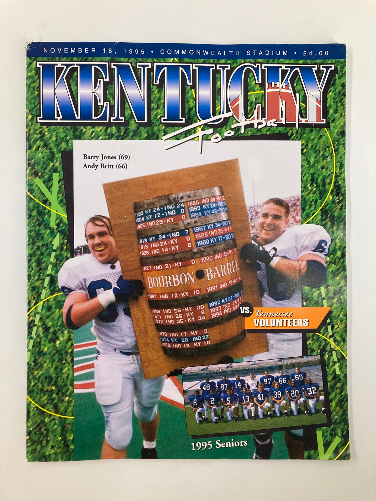 Cover of the November 18, 1995 Kentucky Football College Kickoff Official Magazine featuring players Barry Jones and Andy Britt, celebrating at Commonwealth Stadium with a ceremonial bourbon barrel.
