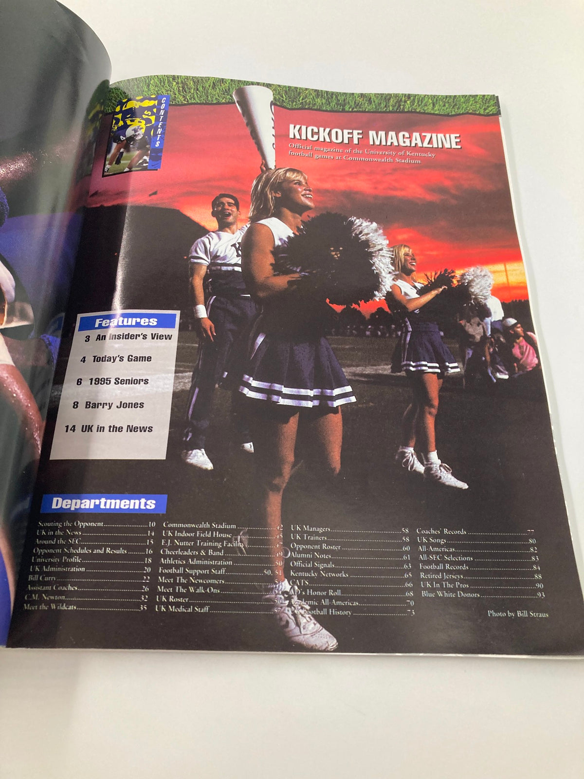 Inside page of the November 18, 1995 Kentucky Football College Kickoff Official Magazine showcasing cheerleaders and game highlights under a dramatic sunset.