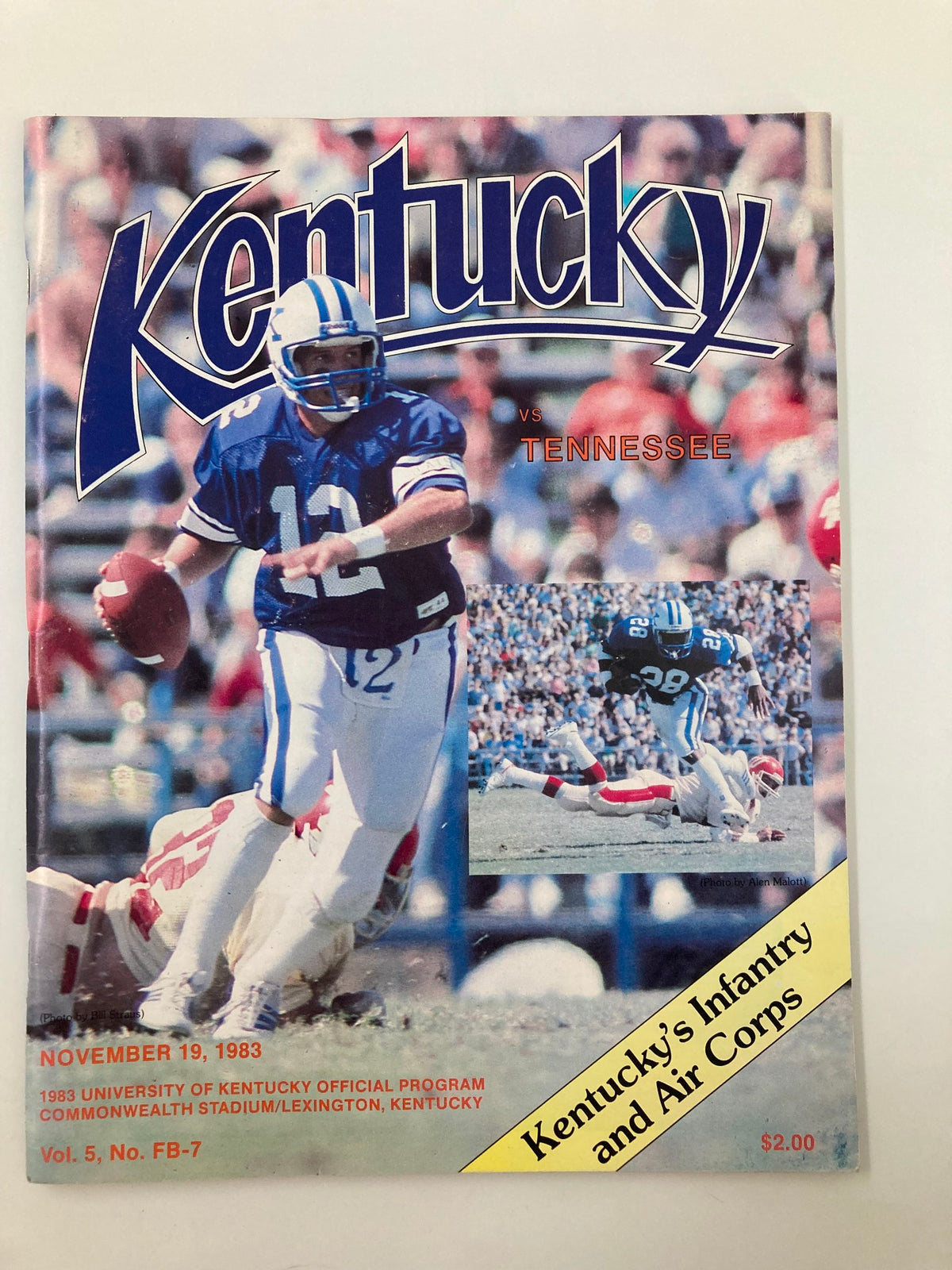 Cover of the November 19, 1983 College Football Kentucky vs Tennessee Official Program featuring action shots of players and vintage design, a collectible item for sports enthusiasts.