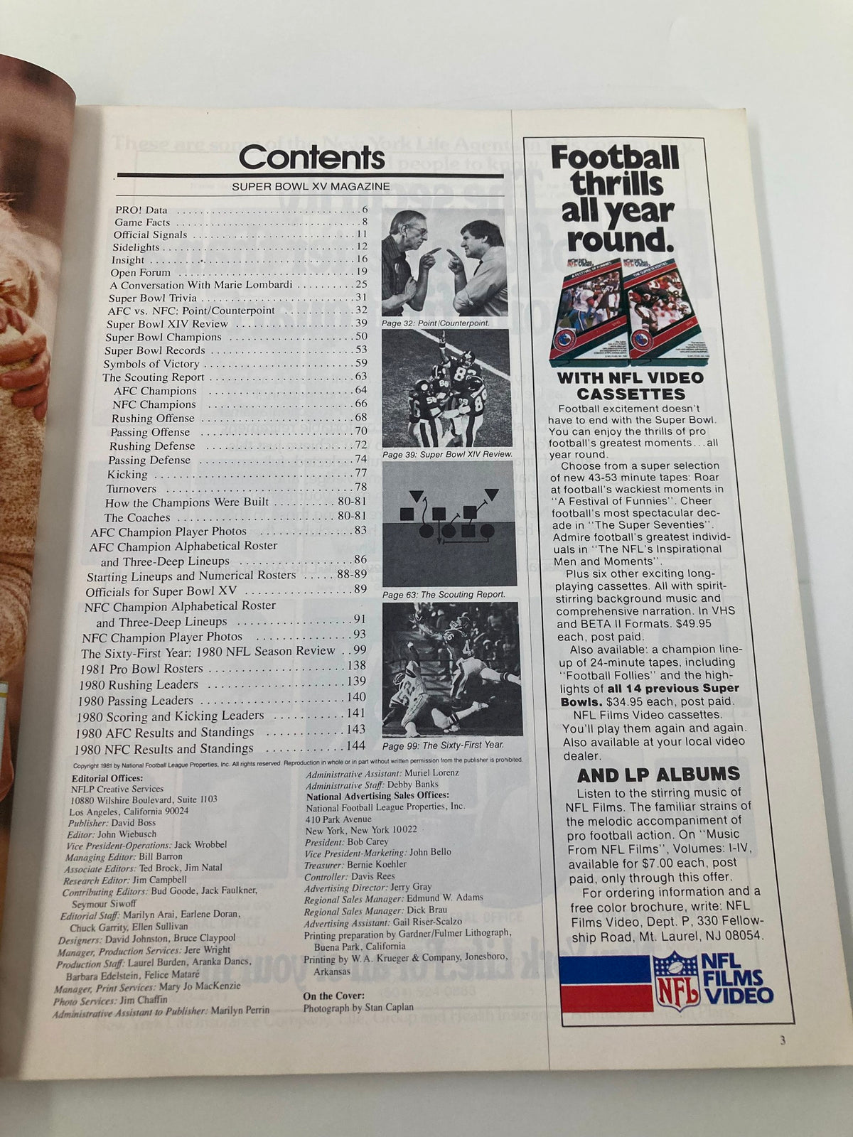 Contents page of the January 25, 1981 NFL AFC vs NFC Super Bowl XV Official Magazine, listing features such as game facts and tributes, a valuable resource for NFL history enthusiasts.