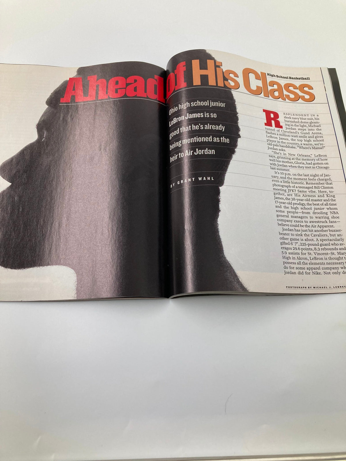 Inside page of Sports Illustrated Magazine August 18 2002 featuring LeBron James, discussing his exceptional high school basketball talent and comparisons to Air Jordan.