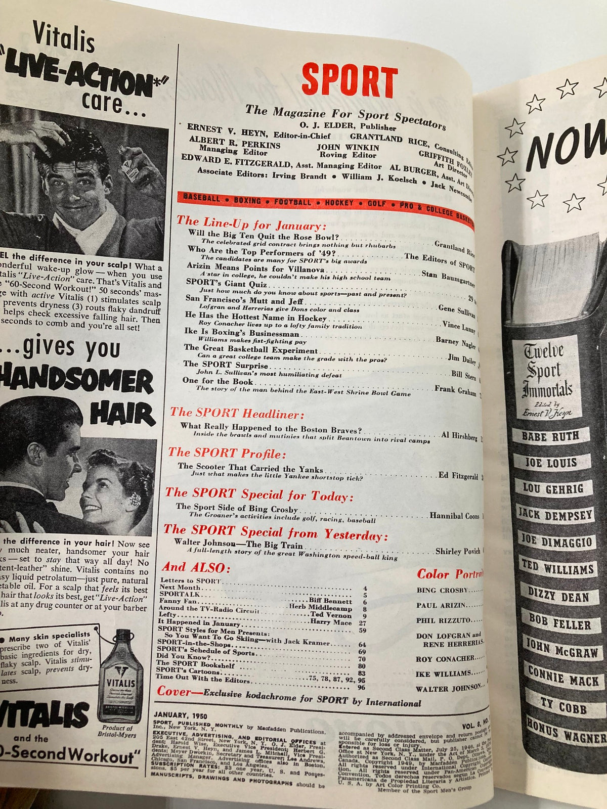 Interior page of VTG Sport Magazine January 1950, displaying the magazine's line-up and articles, with advertisements and highlights of the sports events of the time.
