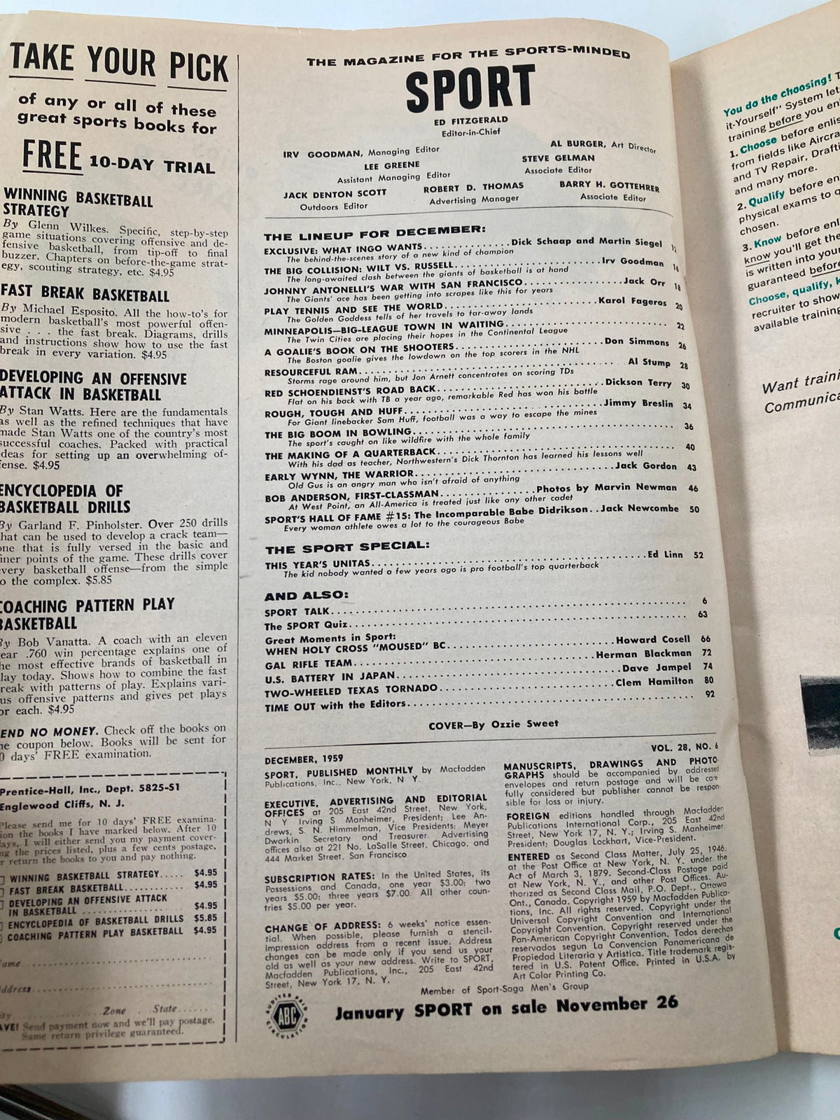Inside page of VTG Sport Magazine December 1959 displaying the editorial lineup and articles related to sports, reflecting the trends and insights of the era.