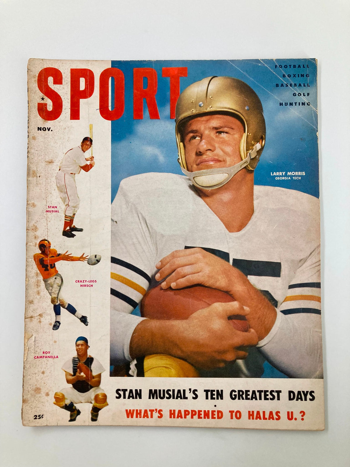 Cover of VTG Sport Magazine November 1954 featuring Hugh Broderick and Sterling Smith, showcasing a football player in a golden helmet and notable athletes including Stan Musial, Crazy-Legs Hirsch, and Roy Campanella.