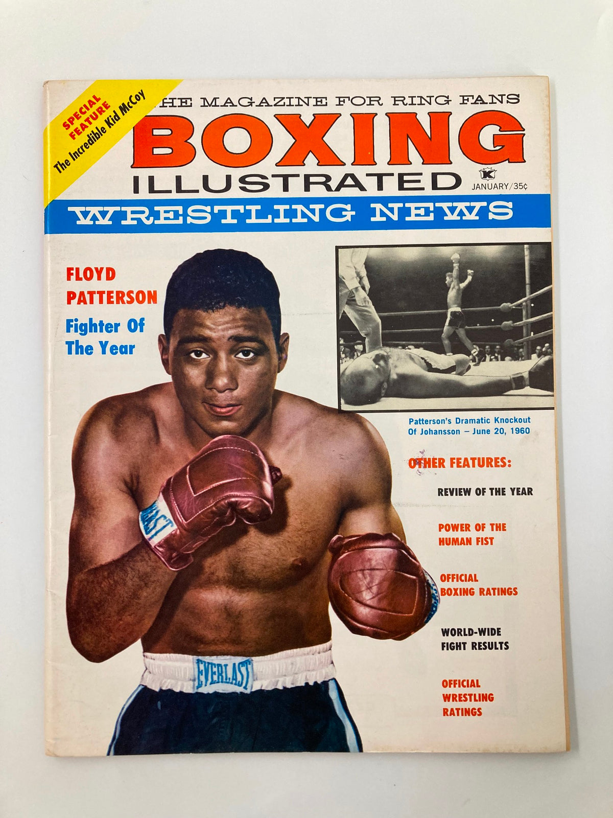 Cover of Boxing Illustrated Wrestling News, January 1961, featuring Floyd Patterson, the Fighter of the Year, showcasing his boxing gloves and athleticism.
