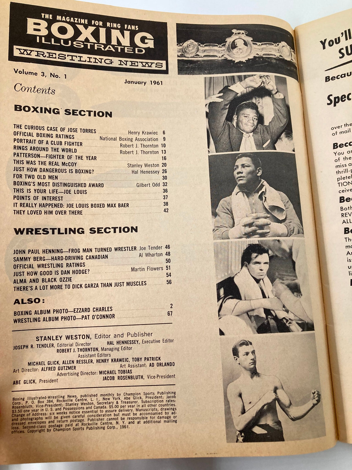 Contents page of Boxing Illustrated Wrestling News, January 1961, detailing articles including insights on Floyd Patterson and various boxing rankings.