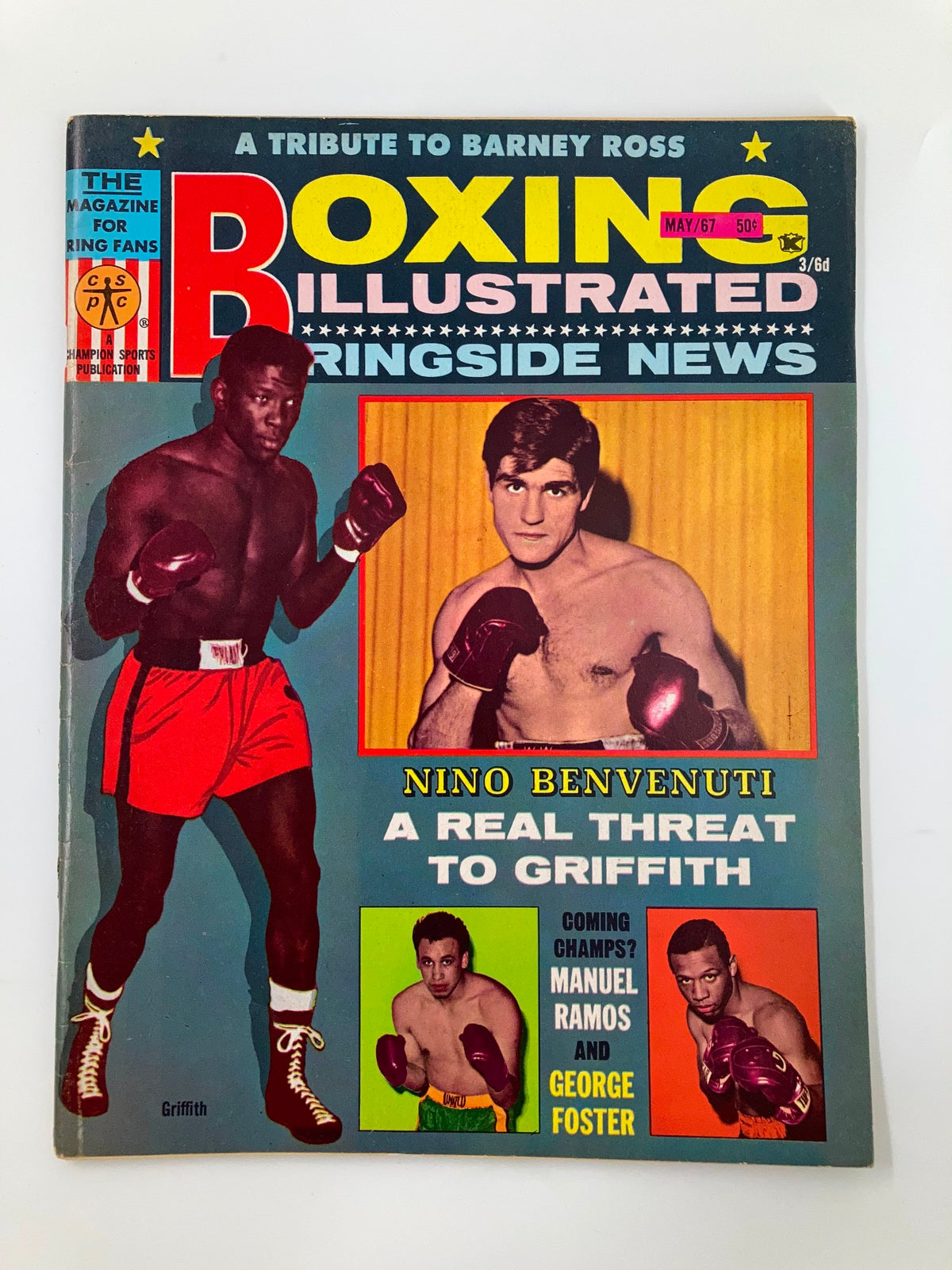 VTG Boxing Illustrated Ringside News May 1967 cover featuring Nino Benvenuti and Emile Griffith, showcasing notable boxing figures from that era.