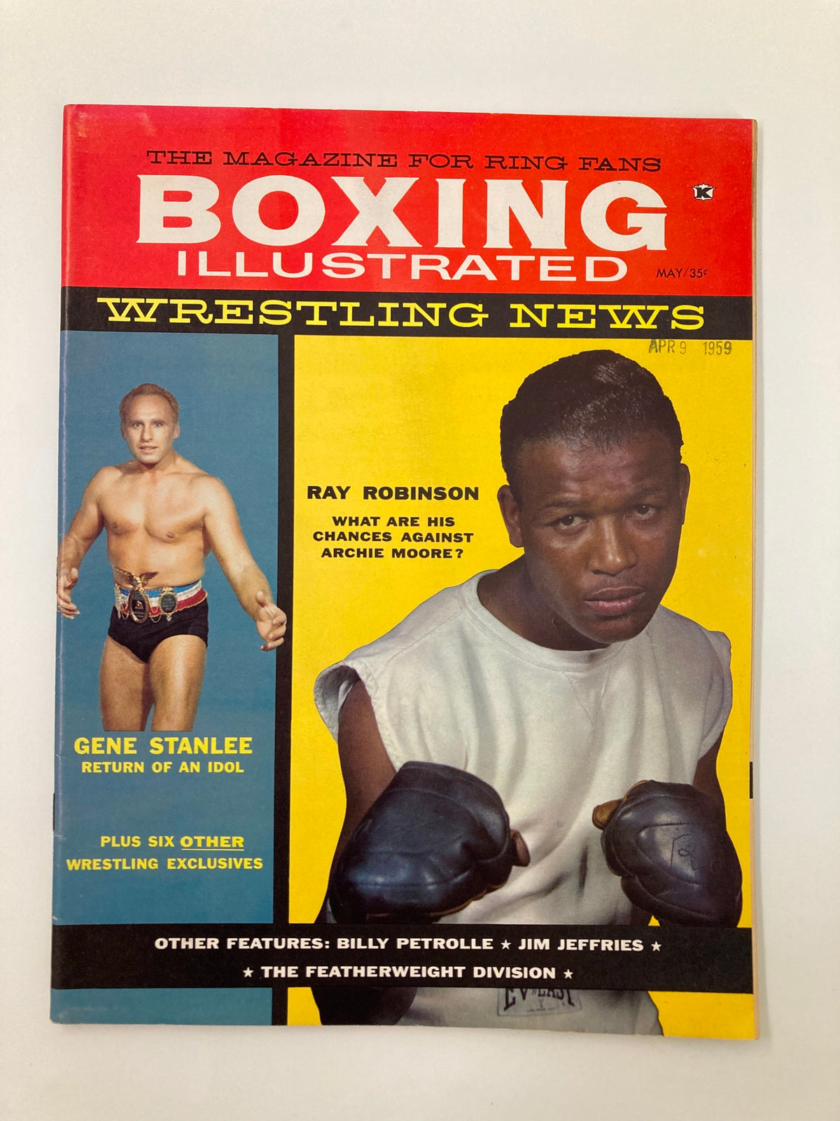 Cover of VTG Boxing Illustrated Wrestling News May 1959 featuring Ray Robinson and Gene Stanlee, showcasing historic boxing and wrestling culture.
