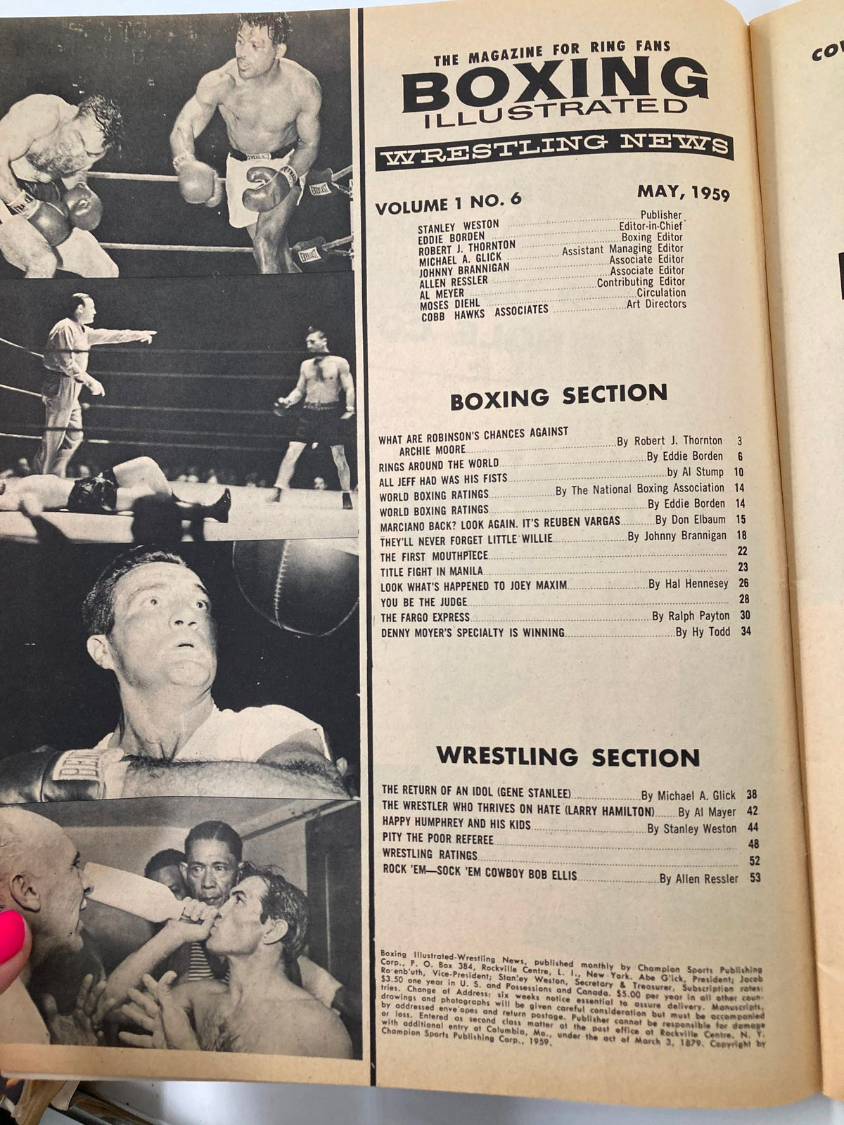Inside page of VTG Boxing Illustrated Wrestling News May 1959 displaying boxing and wrestling articles and photos, highlighting the magazine's content and historical significance.