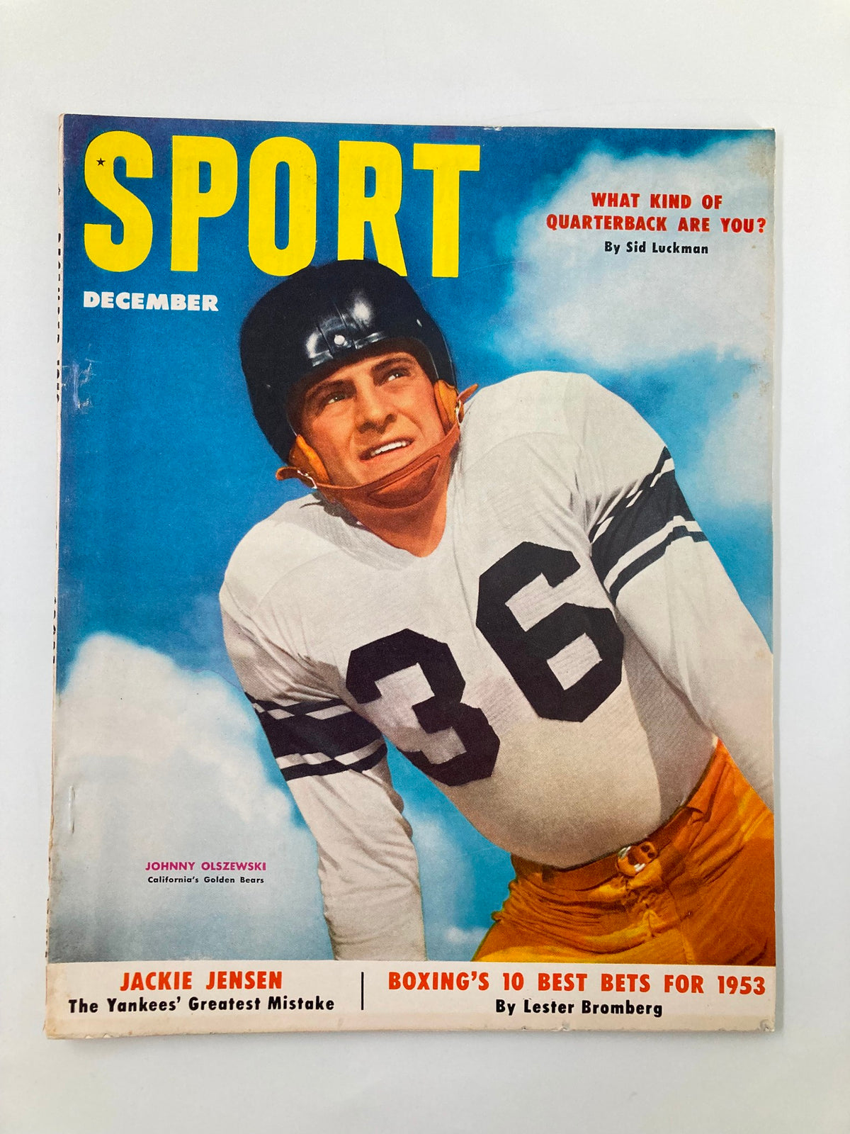 VTG Sport Magazine December 1952 featuring Johnny Olszewski, a player from California's Golden Bears, with a distinct cover showing the title 'SPORT' and athlete in a football uniform.