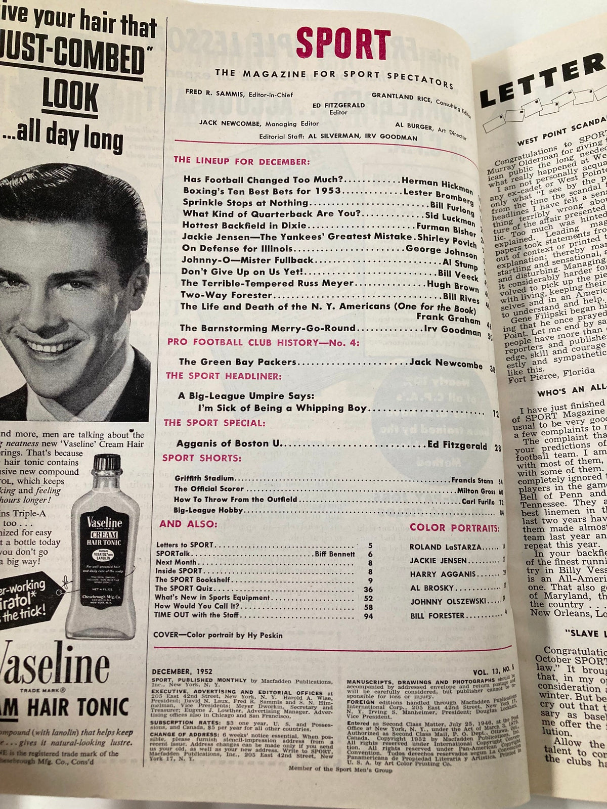 Inside page of VTG Sport Magazine December 1952 highlighting the magazine's features and articles, including topics like boxing and football, providing a glimpse into sports history.