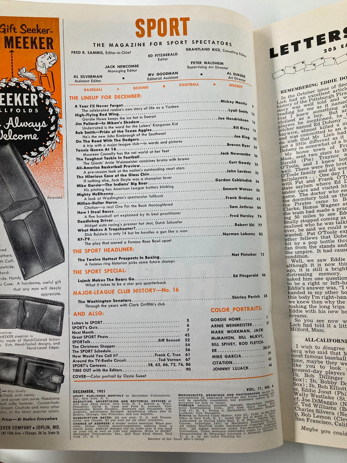 Interior page of VTG Sport Magazine December 1951, displaying the magazine's contents including articles on sports and features related to football.