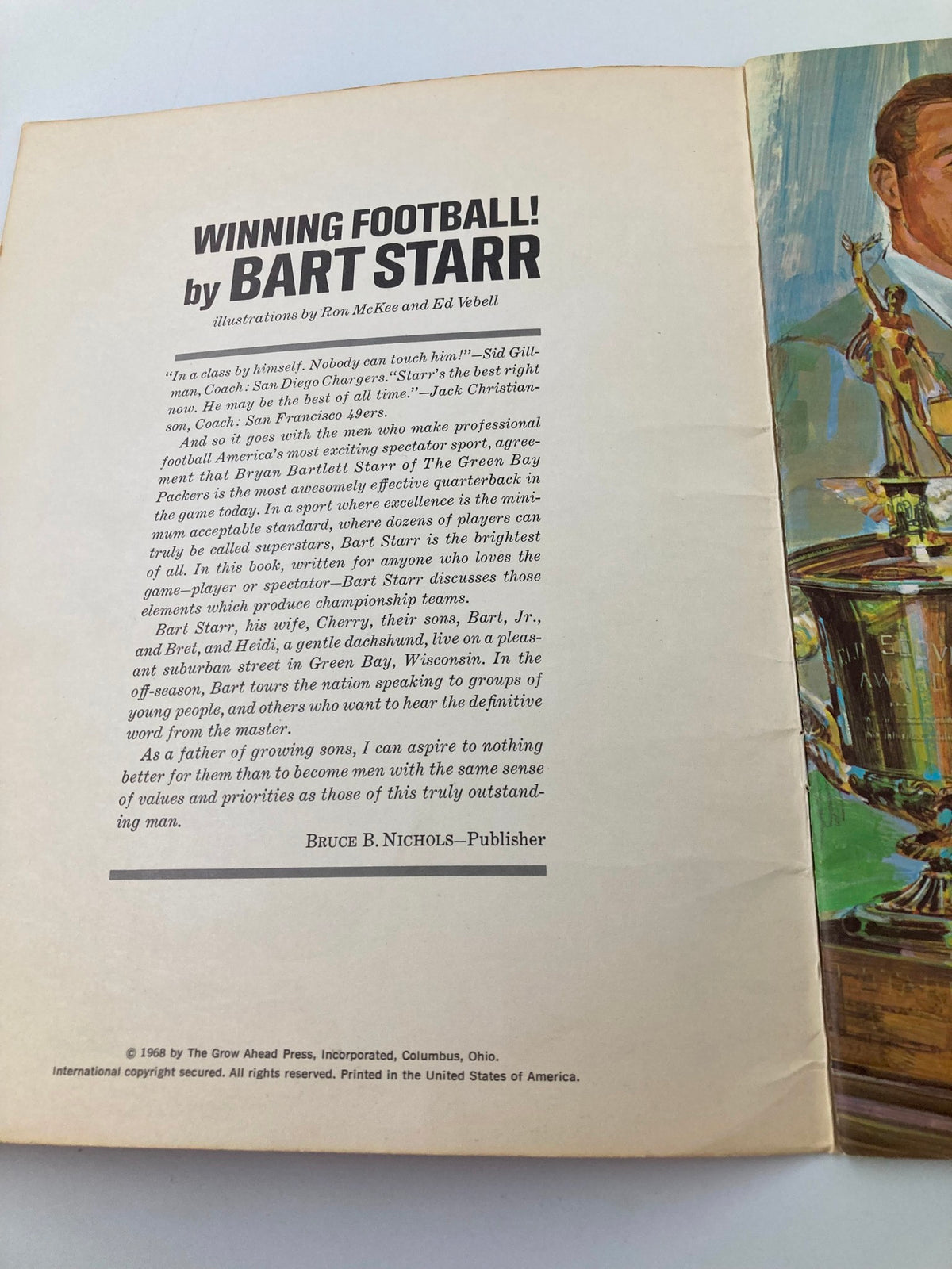 Inside page from VTG 1968 Winning Football by Bart Starr featuring an introduction by Bruce B. Nichols and illustrations promoting the book's content.