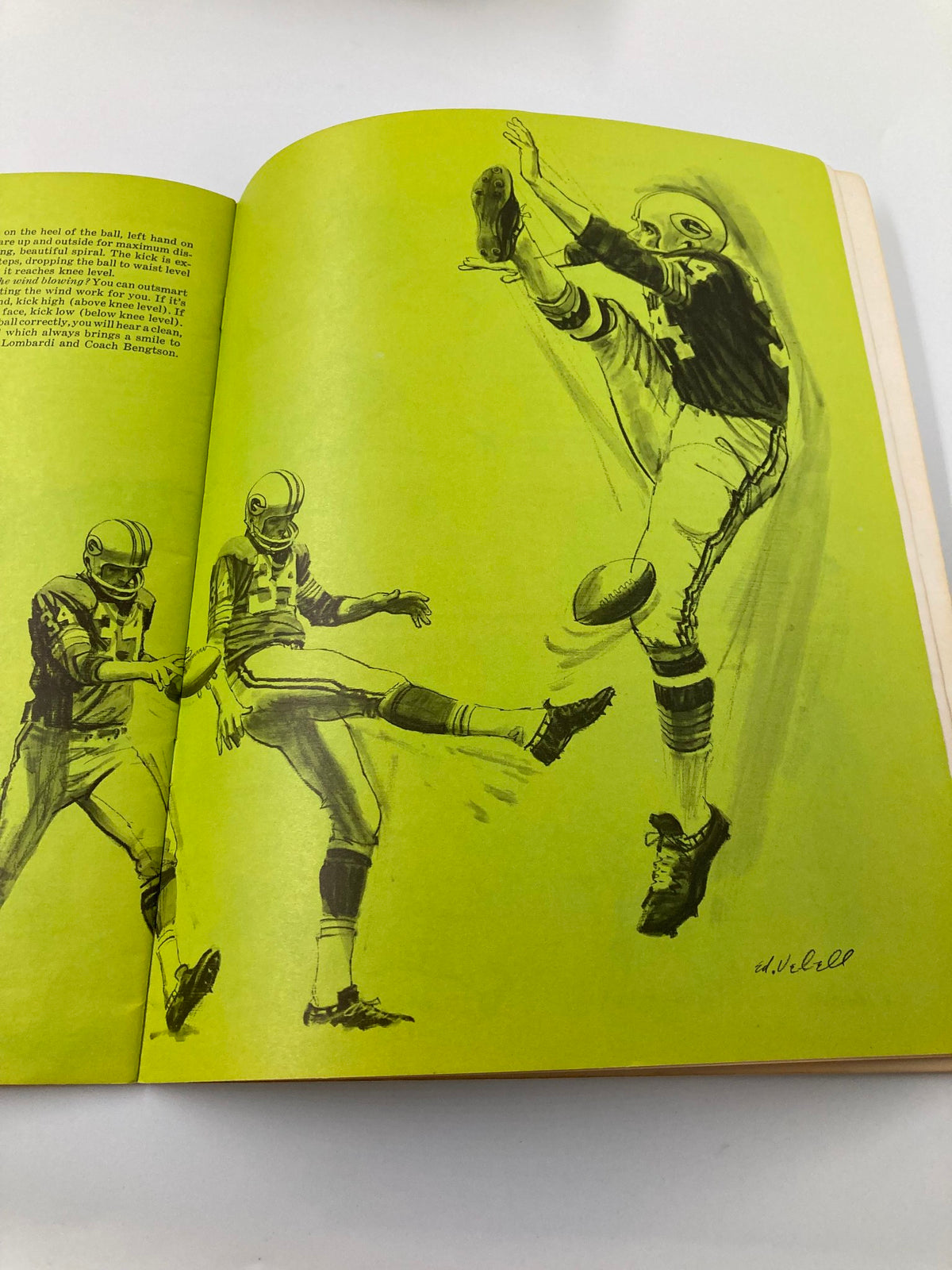Illustrative page from VTG 1968 Winning Football by Bart Starr, showing players executing a kick, emphasizing techniques in football.