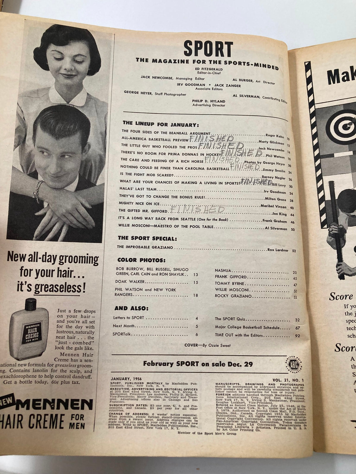 Inside page of VTG Sport Magazine January 1956, displaying the magazine's table of contents, featuring sections and articles, including that on Doak Walker.