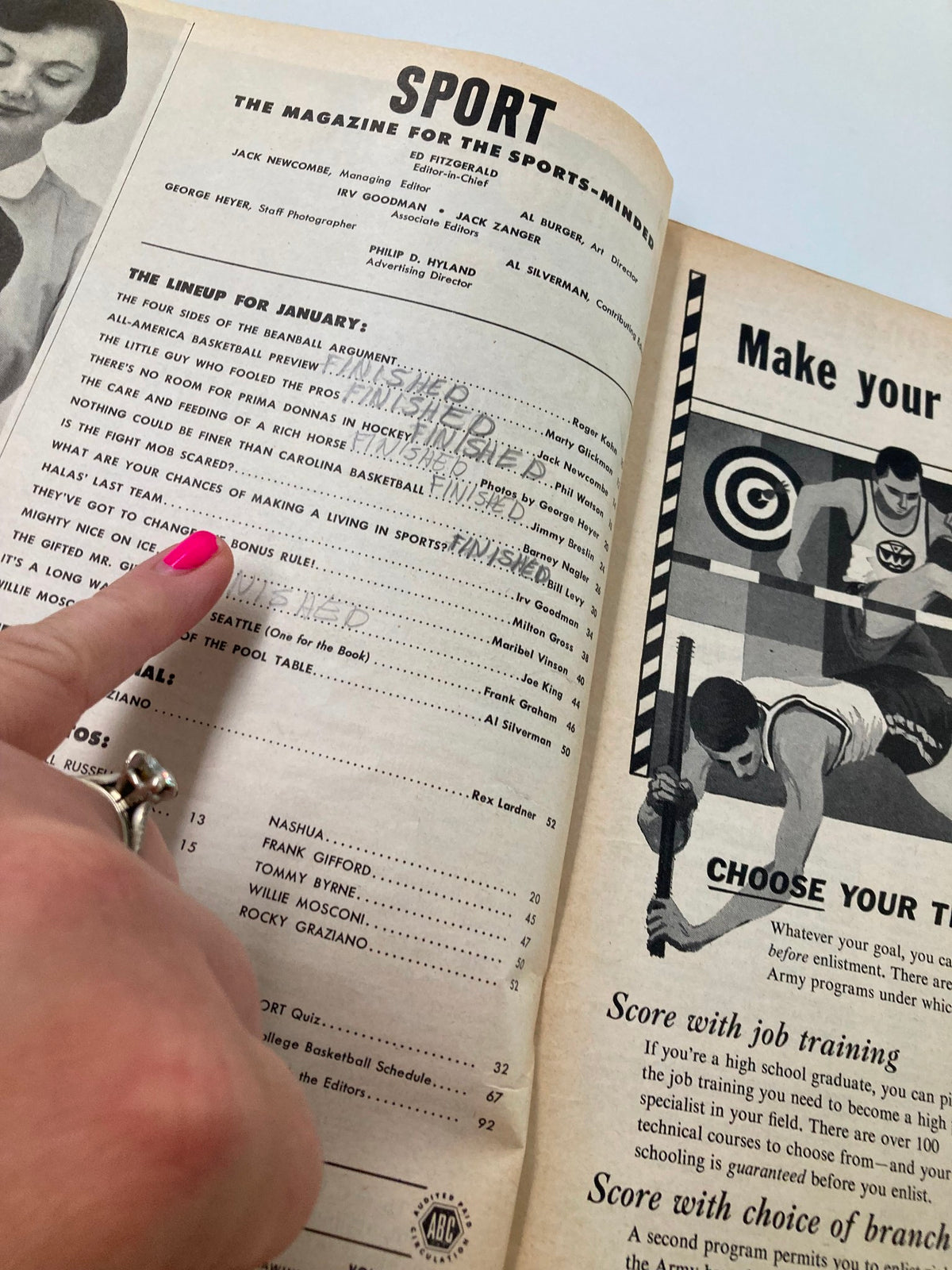 Another inside page of VTG Sport Magazine January 1956, showing the lineup for January, with an article section on Doak Walker among various sports topics.