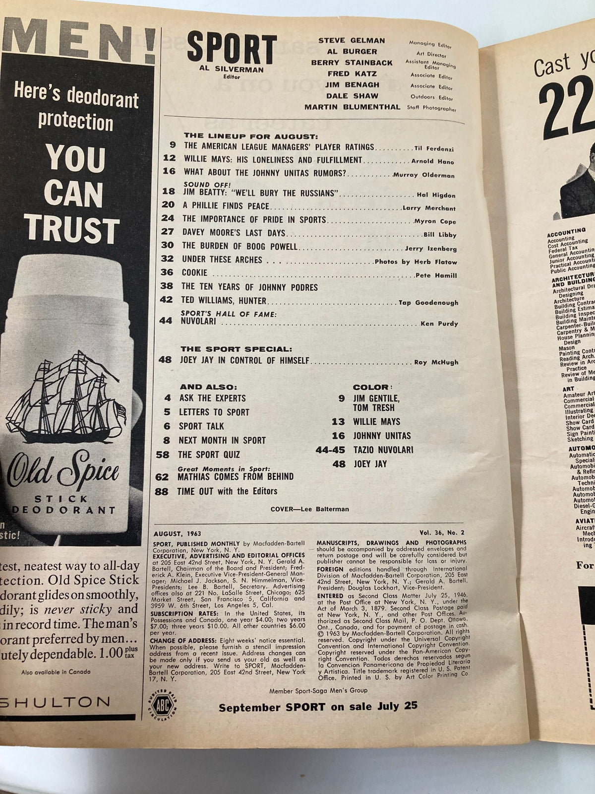 Inner page of the VTG Sport Magazine August 1963 listing the contents, including the article 'Willie Mays: His Loneliness and Fulfillment'. The layout displays classic magazine styling from the era.