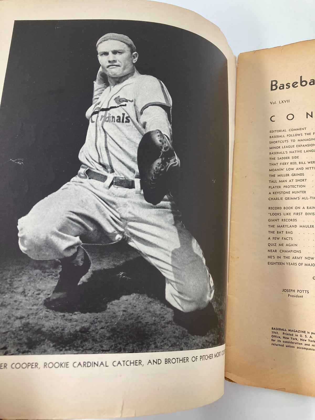 Inside page of VTG Baseball Magazine June 1941 presenting a photograph of a player with details about his role.