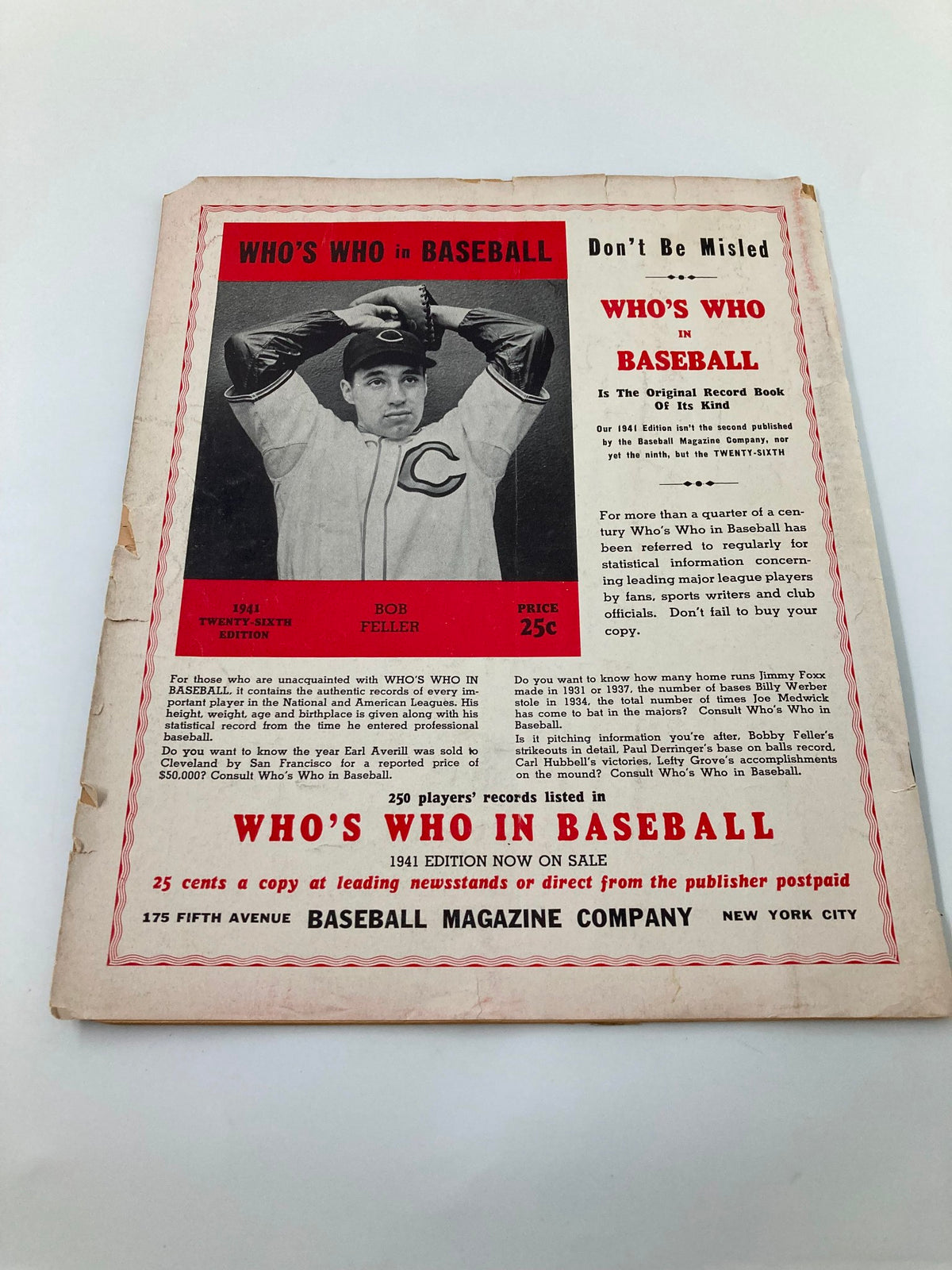 Cover of the 1941 edition of Who's Who in Baseball, showcasing pitcher Bob Feller, with details about the magazine's content and pricing.