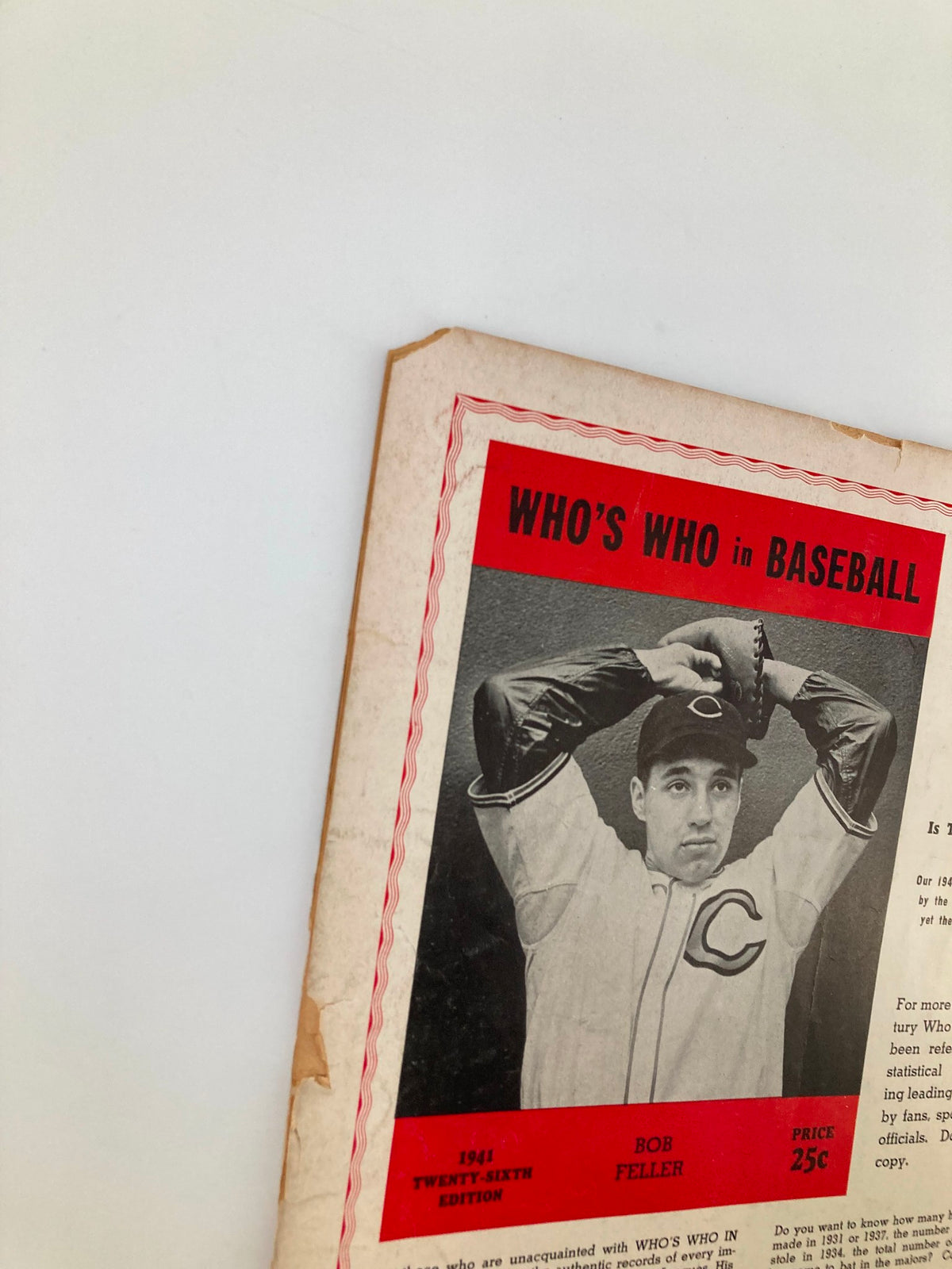 Close-up of the cover of Who's Who in Baseball, highlighting Bob Feller’s image and the magazine title with a vintage design.