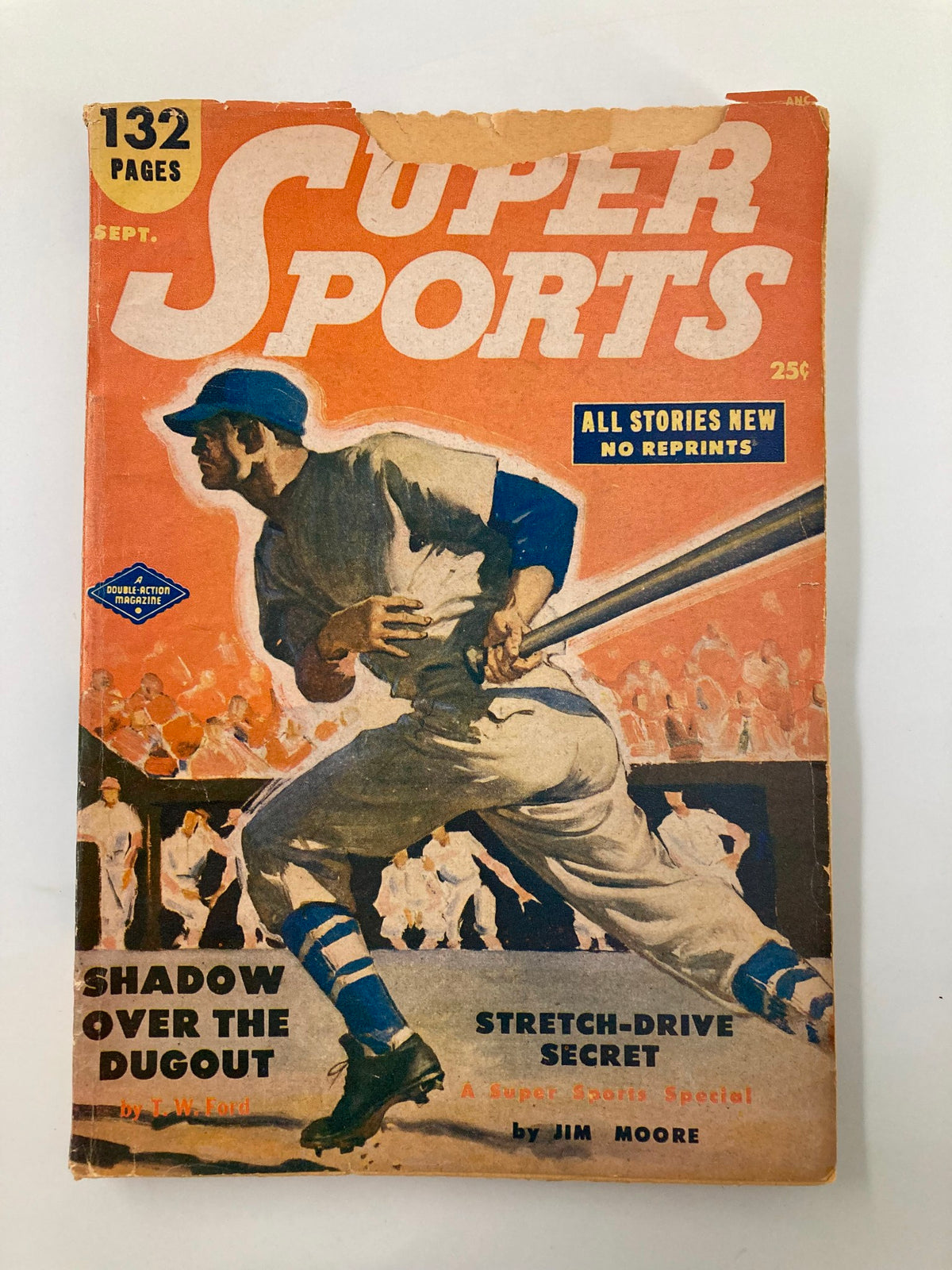 Vintage Super Sports Magazine cover from September 1951, titled 'Shadow Over The Dugout', featuring a baseball player in action. Includes details like '132 Pages', 'All Stories New No Reprints', and highlights the sports culture of the 1950s.