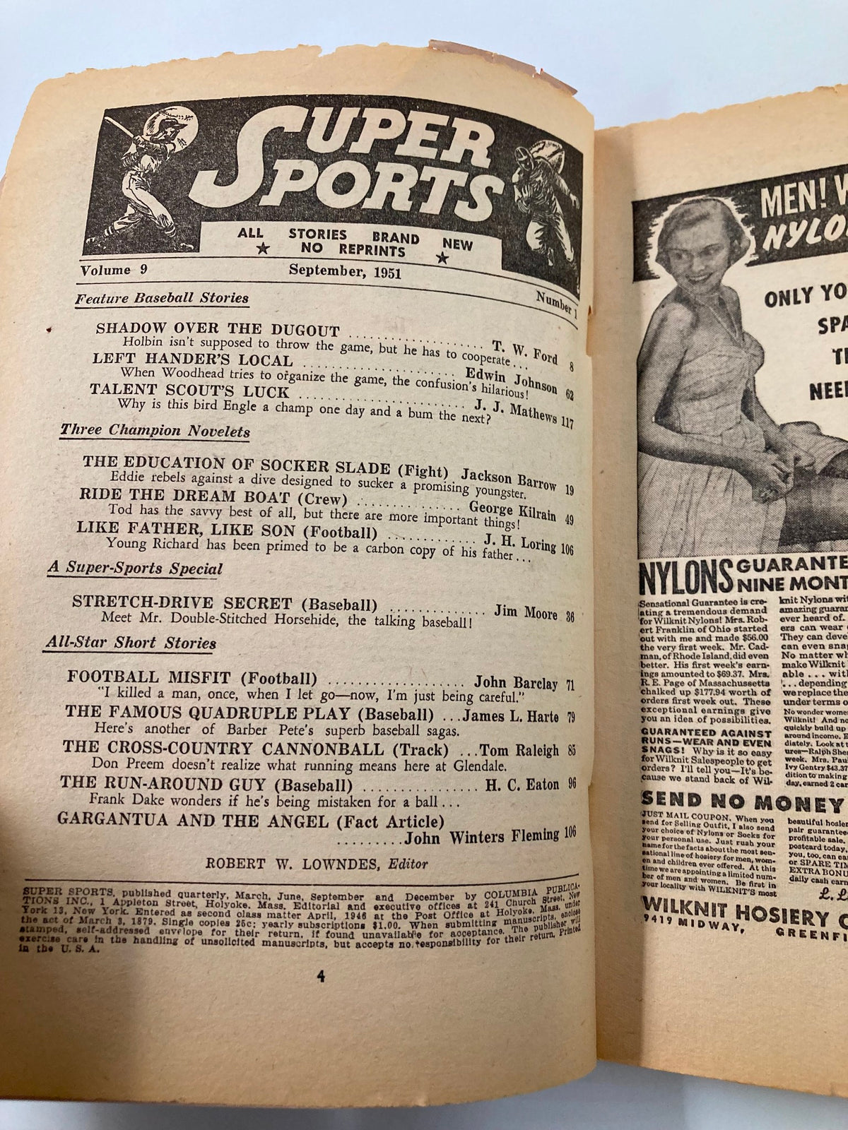 Interior page of the September 1951 'Super Sports' magazine featuring the table of contents and various article titles, showcasing the magazine's vintage layout.
