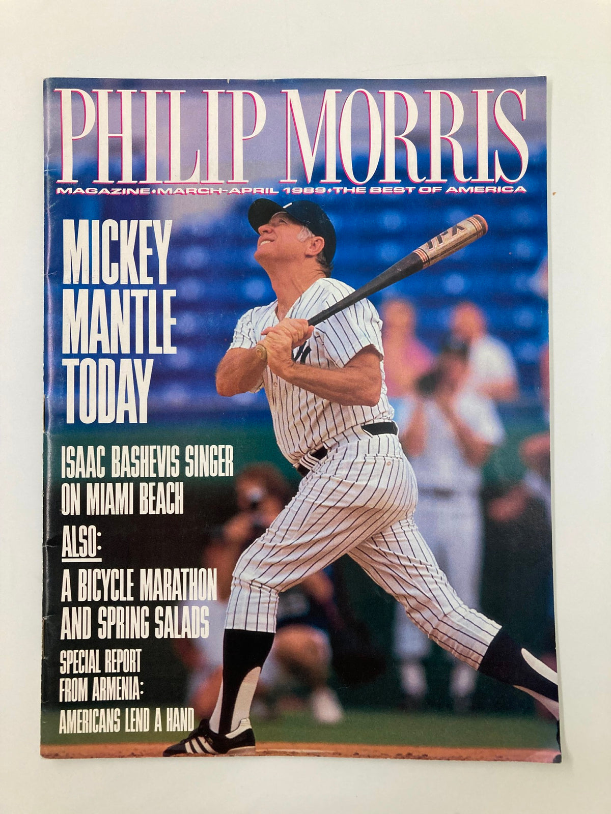 Cover of the Philip Morris Magazine March 1989 issue featuring basketball legend Mickey Mantle, with highlights of content including Isaac Bashevis Singer.