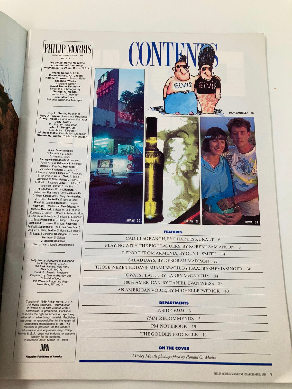 Contents page of the Philip Morris Magazine March 1989 showcasing articles such as Cadillac Ranch, Miami Beach, and a special report from Armenia.