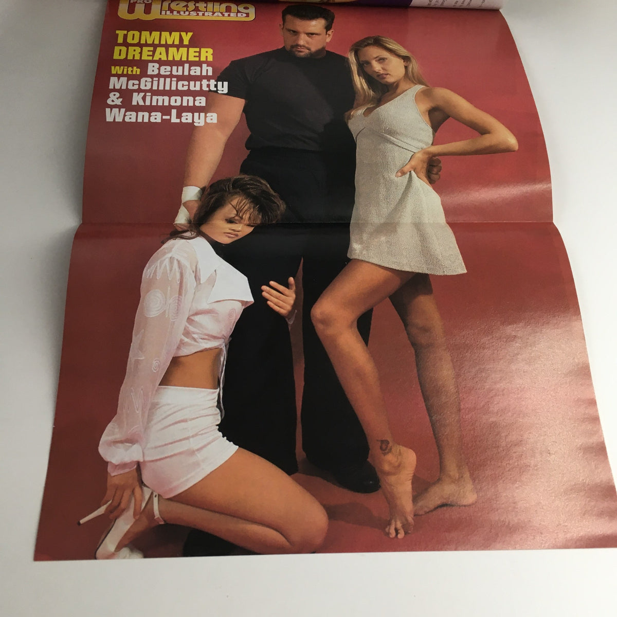 Cover of the poster included in Pro Wrestling Illustrated November 1996, showcasing wrestler Tommy Dreamer with Beulah McGillicutty and Kimona Wanaleya, emphasizing wrestling culture.