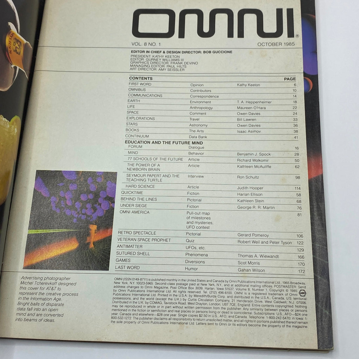 Inside content page of VTG Omni Magazine October 1985, highlighting articles and topics under the theme 'Education and The Future Mind', showcasing the magazine's structure and editorial team.