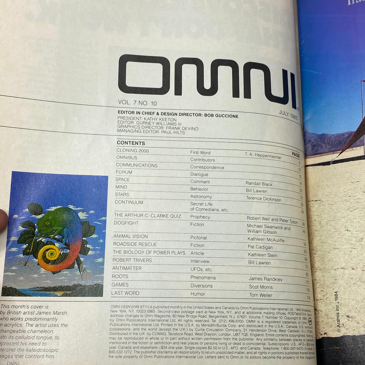 Inside page of VTG Omni Magazine July 1985 displaying the table of contents, highlighting articles on cloning, animal vision, and more, alongside artistic imagery.