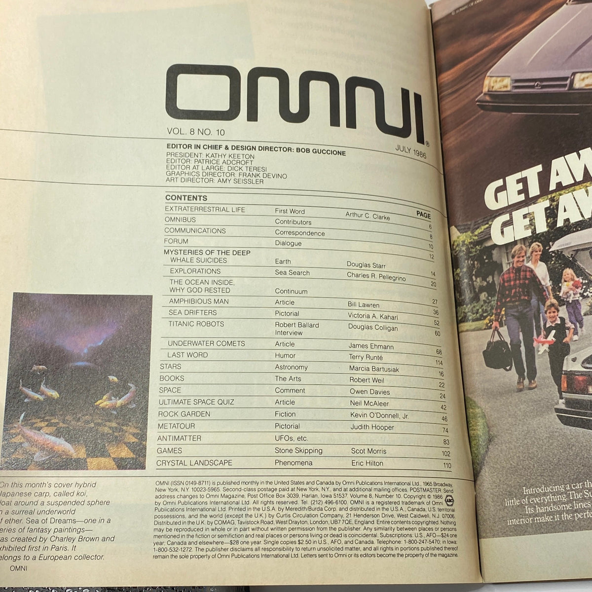 Interior page of VTG Omni Magazine July 1986, displaying the table of contents including features like Mysteries of The Deep and Robots Probe The Titanic.