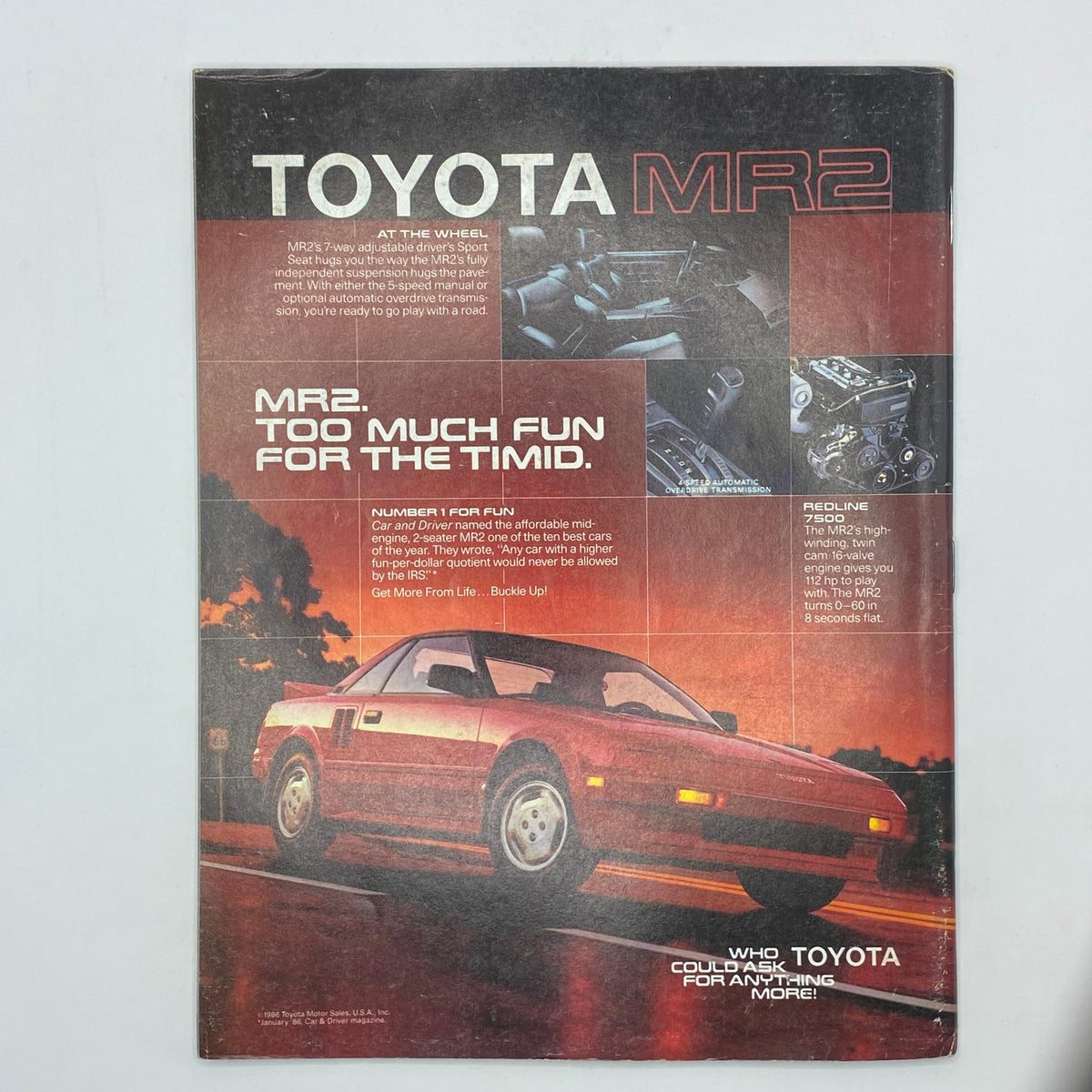 Vintage advertisement for the Toyota MR2, showcasing the car's features with bold text 'MR2: Too Much Fun for the Timid'. The ad highlights the adjustable drive, sporty design, and performance capabilities, aligned with the title 'VTG Omni Magazine July 1986 Mysteries of The Deep & Robots Probe The Titanic'.