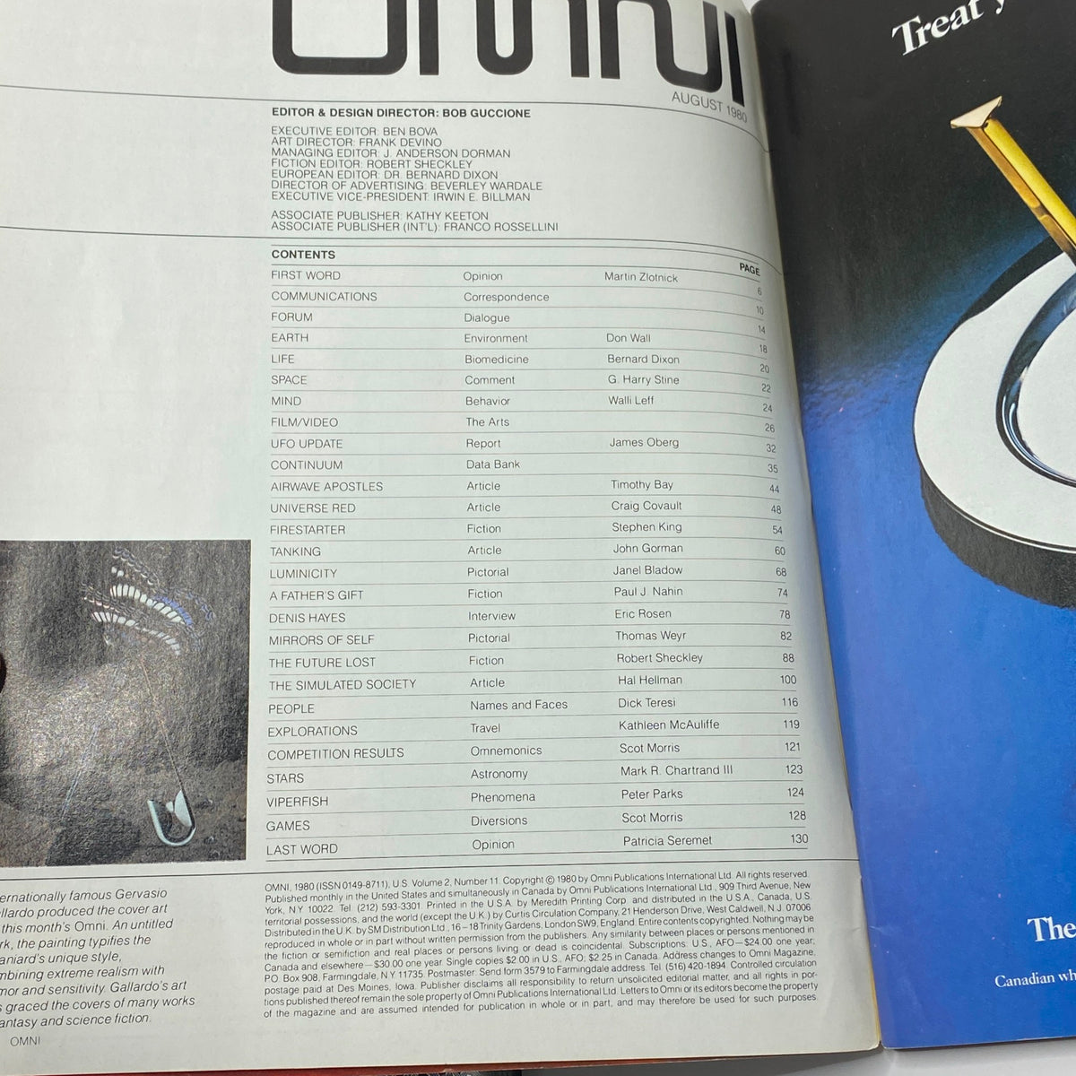 Contents page of VTG Omni Magazine August 1980, listing articles including 'Universe Red' and 'Airwave Apostles'.