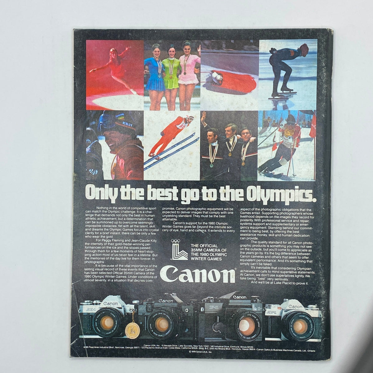 Back cover of VTG Omni Magazine February 1980 featuring an advertisement for Canon cameras, highlighting their support for the 1980 Olympic Winter Games.
