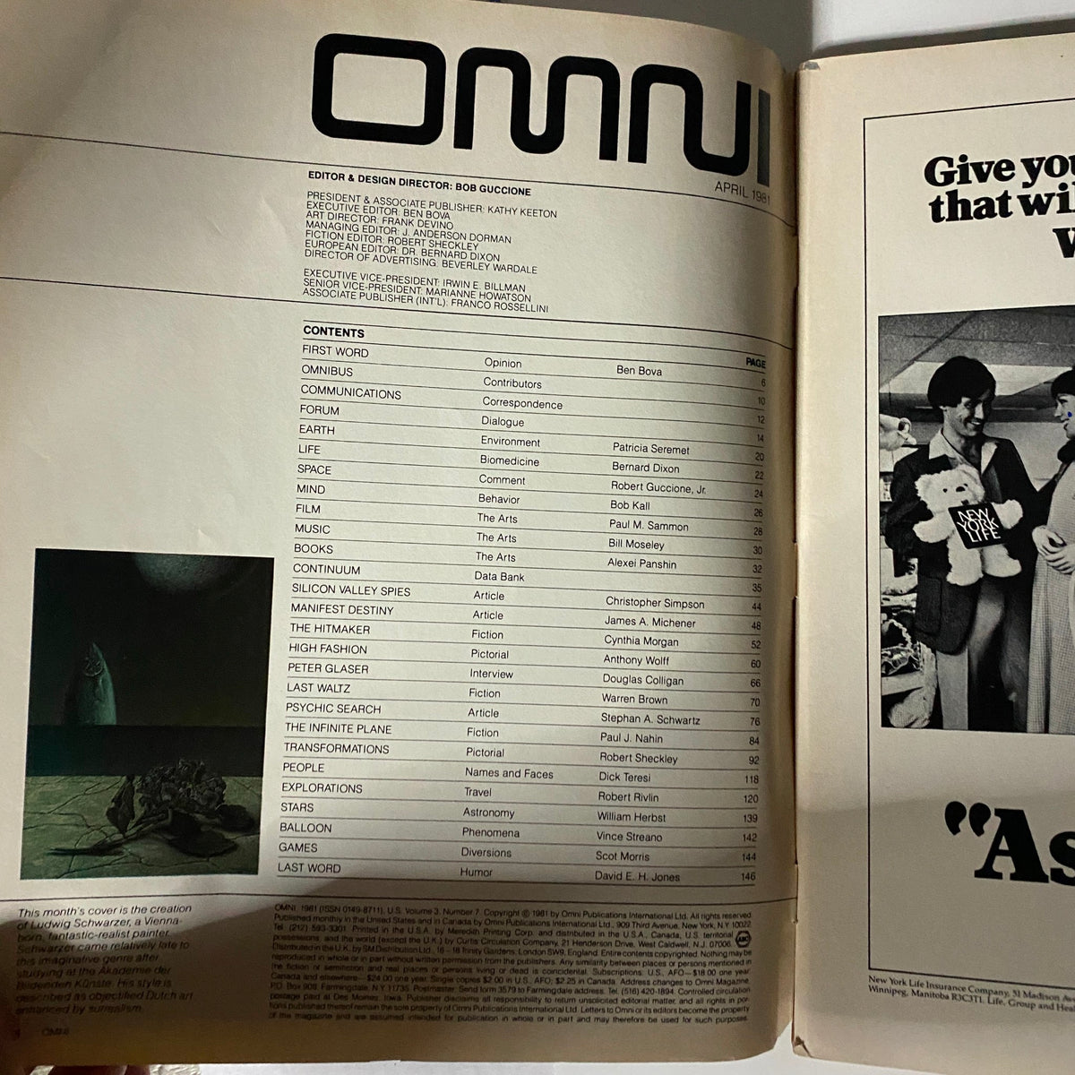 Interior page of VTG Omni Magazine April 1981 listing contents including works by James A. Michener and various articles on science and culture.