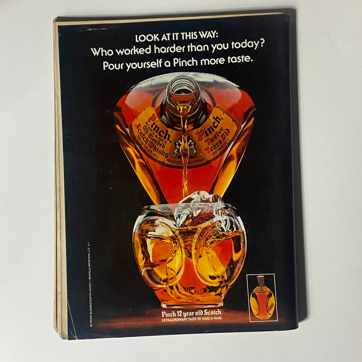 Vintage advertisement for Pinch 12 year old Scotch whiskey featured in the July 1981 issue of Playboy Magazine, showcasing a stylish bottle and drink.