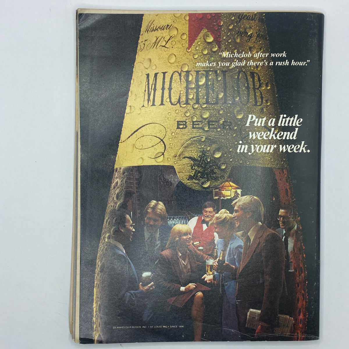 Back cover of VTG Playboy Magazine May 1982 displaying a Michelob beer advertisement with a group of people enjoying drinks, capturing the social atmosphere of the era.