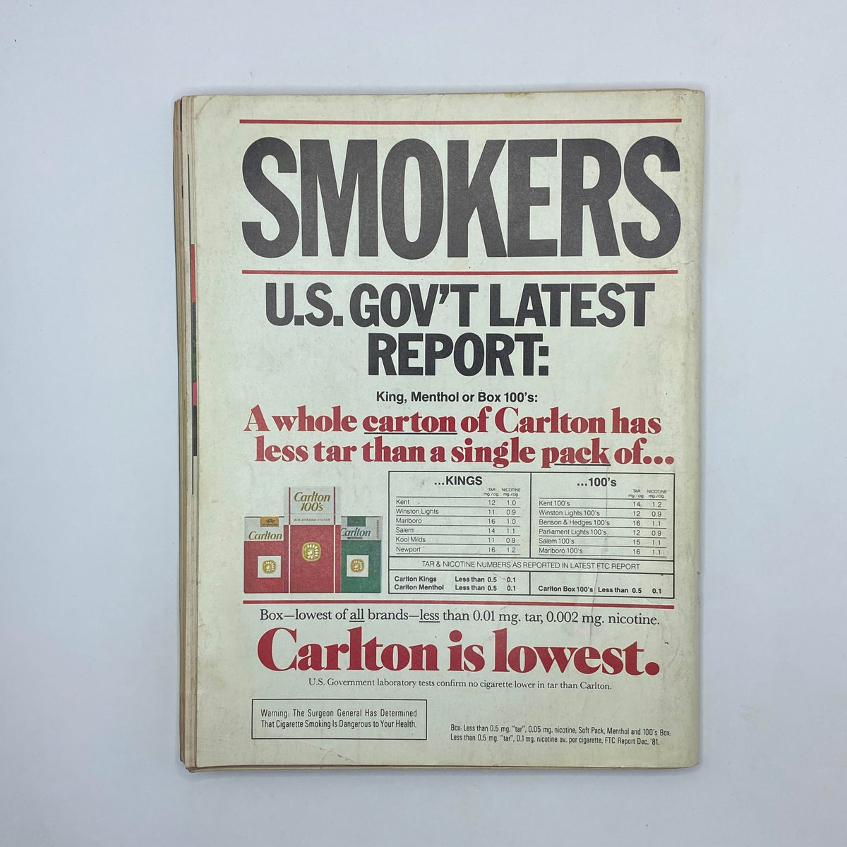 Back cover of the VTG Playboy Magazine October 1982 displaying an advertisement for Carlton cigarettes, reflective of the advertising trends of the 1980s.
