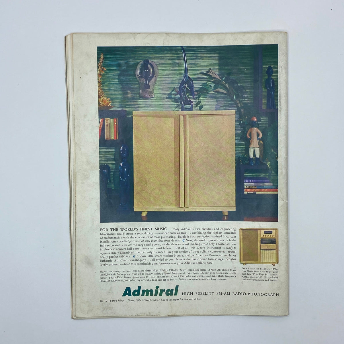 Back cover of VTG Playboy Magazine April 1955 featuring an advertisement for Admiral High Fidelity FM-AM Radio-Phonograph with a vintage design.