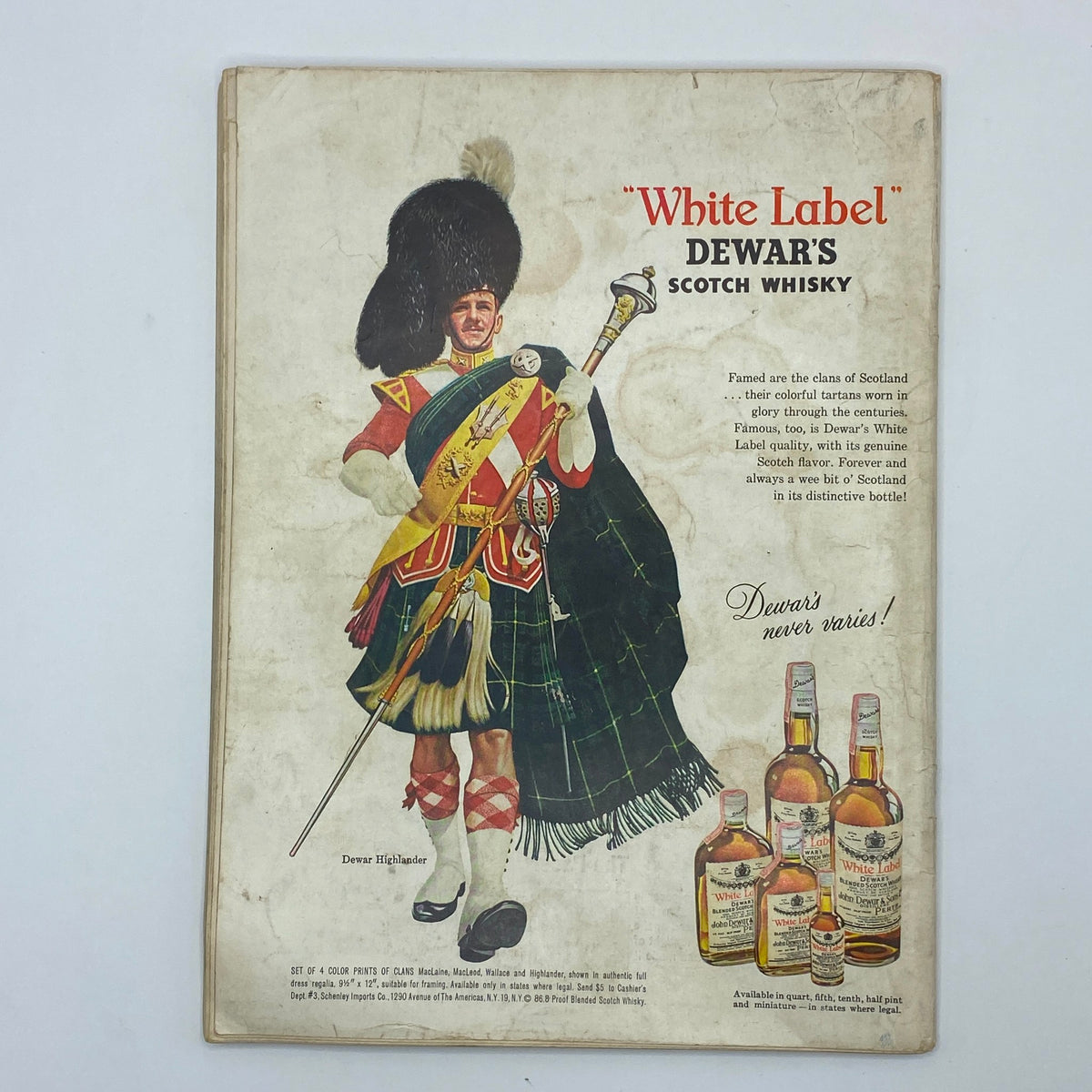 Back cover of VTG Playboy Magazine August 1963 displaying an advertisement for Dewar's White Label Scotch Whisky, featuring a Scottish Highlander in traditional attire.