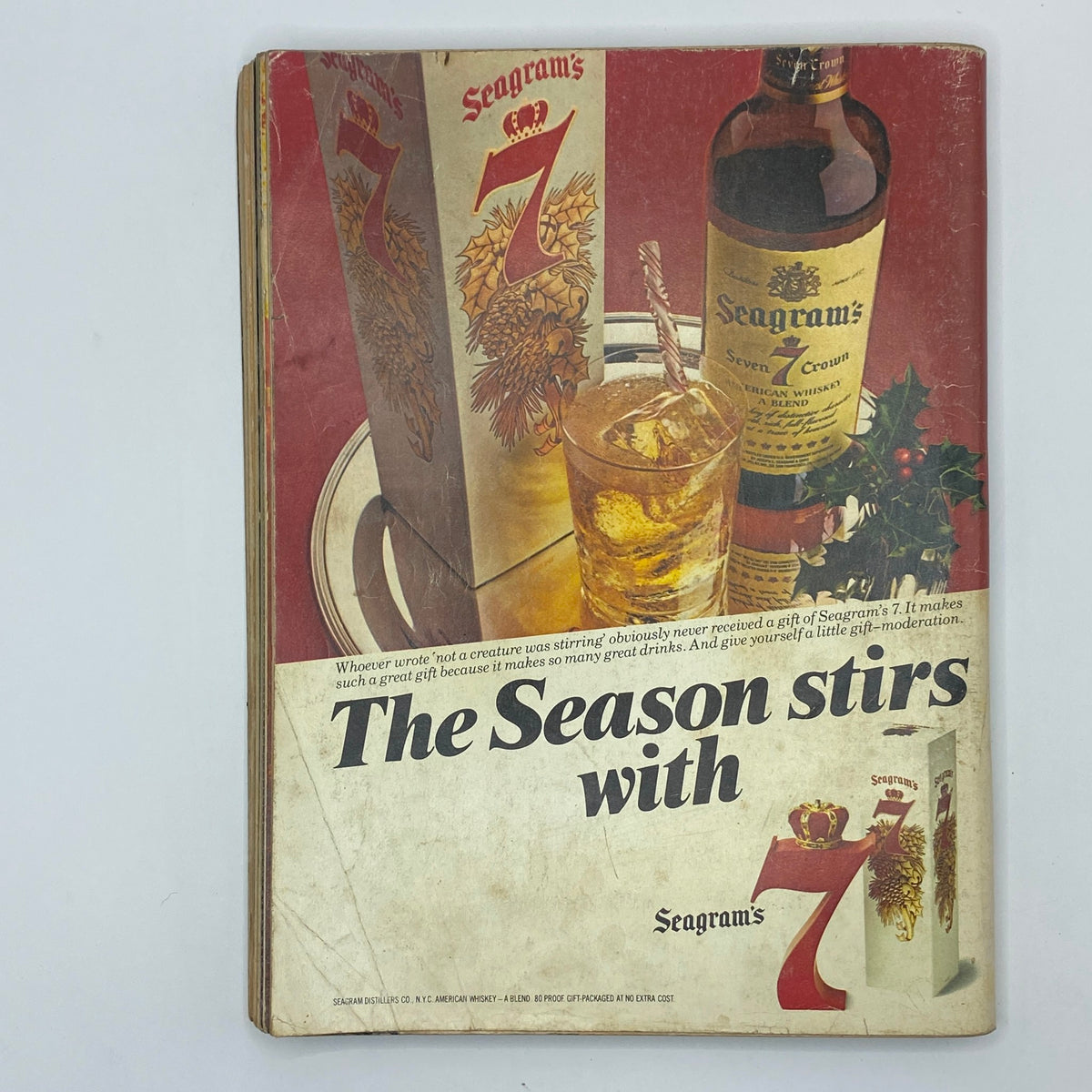 VTG Playboy Magazine December 1981 Patricia Farinelli featuring a vintage advertisement for Seagram's 7 whiskey, showcasing a festive drink and holiday-themed packaging.