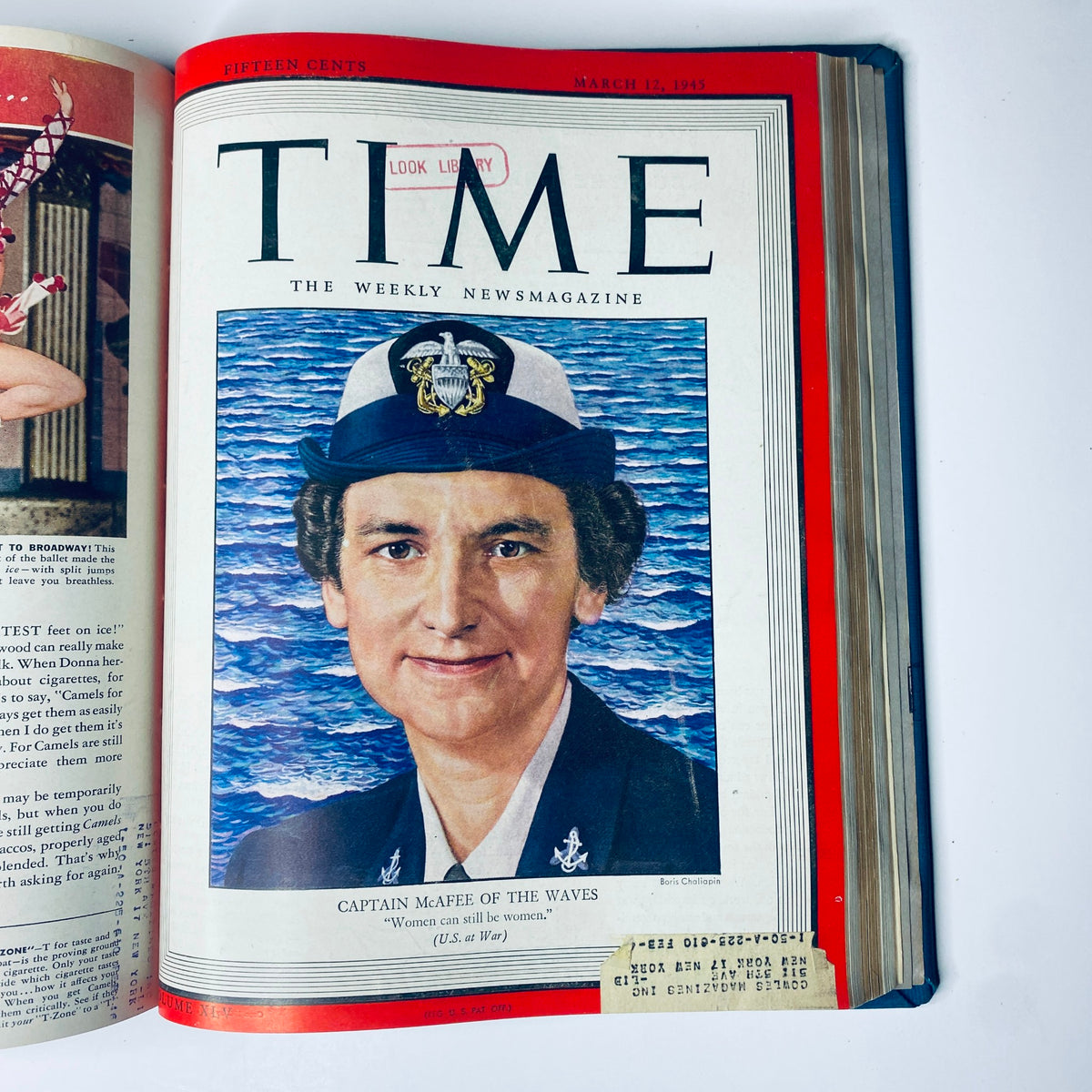 Cover of Time Magazine dated March 12, 1945, featuring Captain McAfee, Director of the WAVES, highlighting the role of women in World War II. Title: Time Magazine Library Bound January 1, 1945 - March 26, 1945 Arabia's Ibn Saud.
