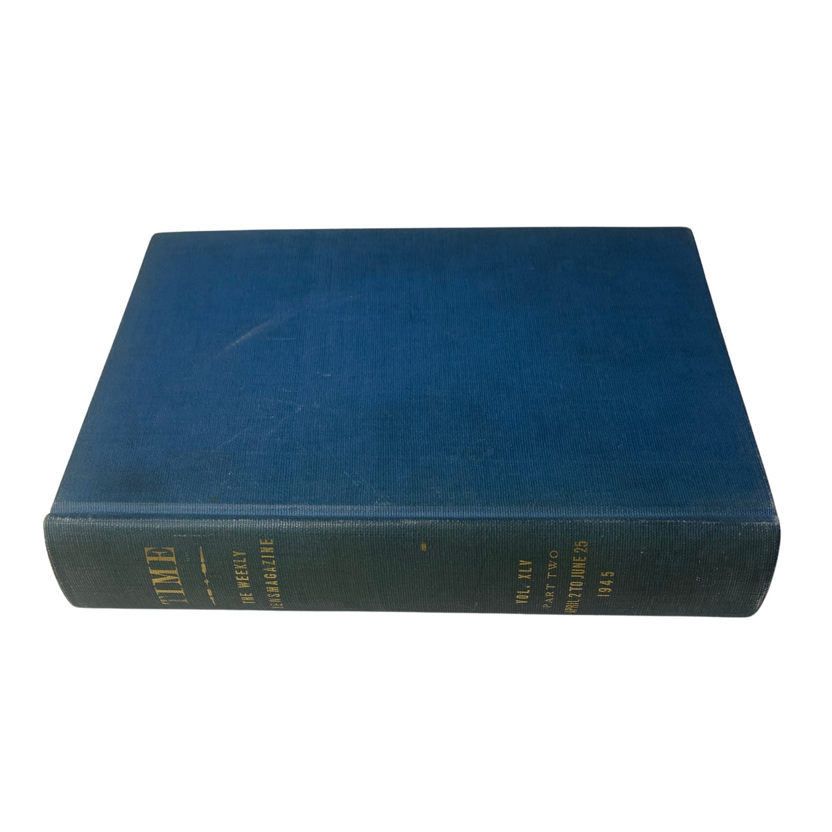 Top view of a library bound Time Magazine, showcasing the title and publication details for the period of April 2 to June 25, 1945, highlighting its historical significance.