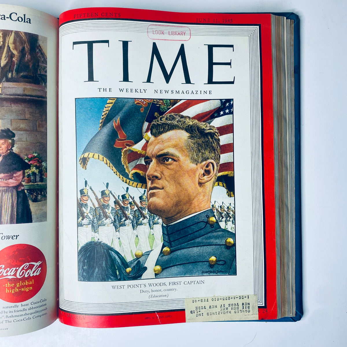 Time Magazine cover depicting West Point's Woods, First Captain, dated June 11, 1945, from the Time Magazine Library Bound April 2, 1945 - June 25, 1945 Adolph Hitler Red X.
