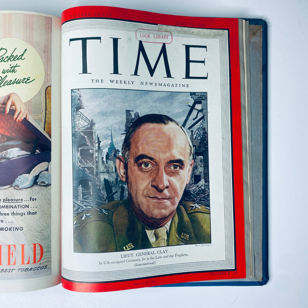 Time Magazine cover featuring Lieutenant General Clay, dated June 25, 1945, from the Time Magazine Library Bound April 2, 1945 - June 25, 1945 Adolph Hitler Red X.